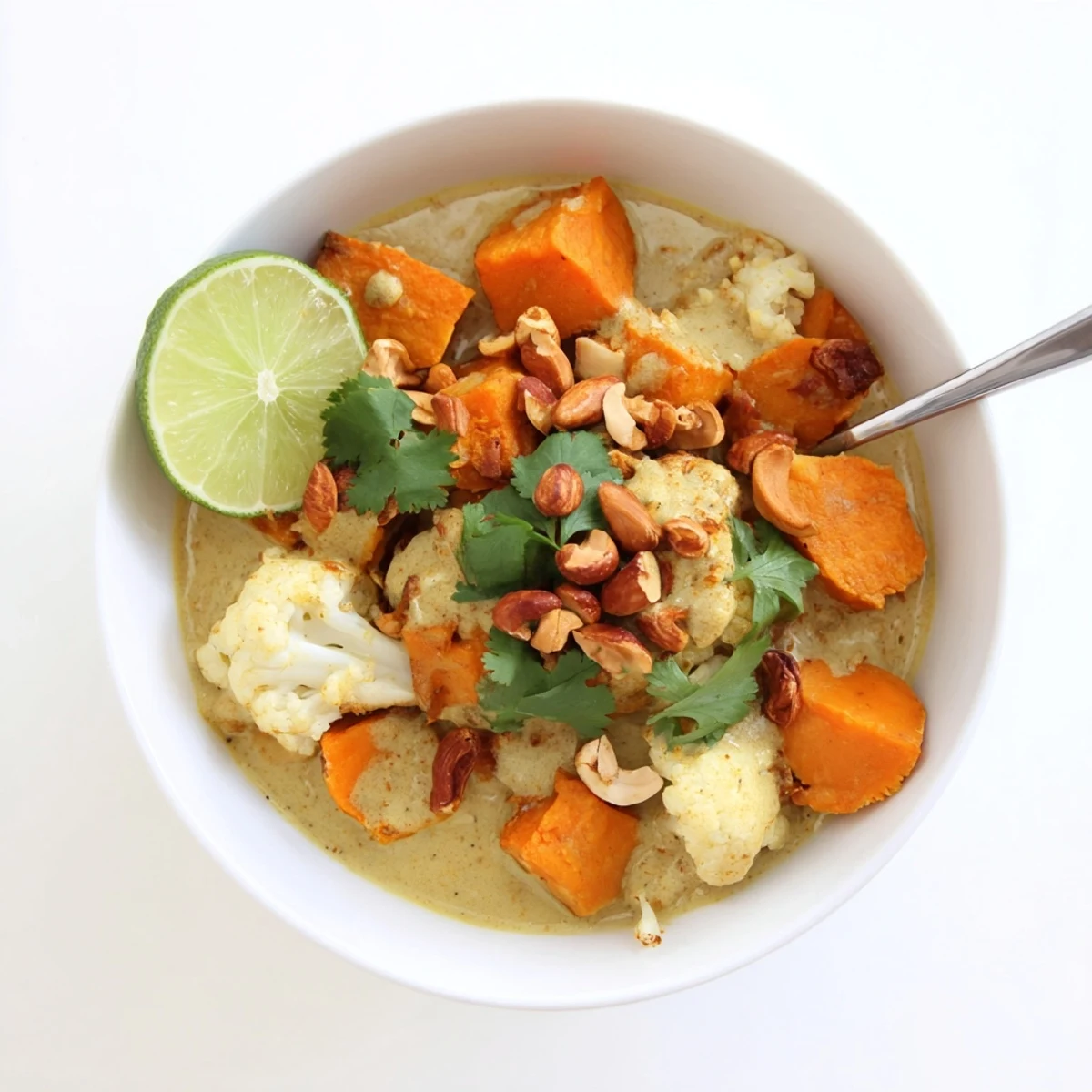 Creamy kumara cauliflower and cashew korma curry garnished with toasted cashews and fresh cilantro