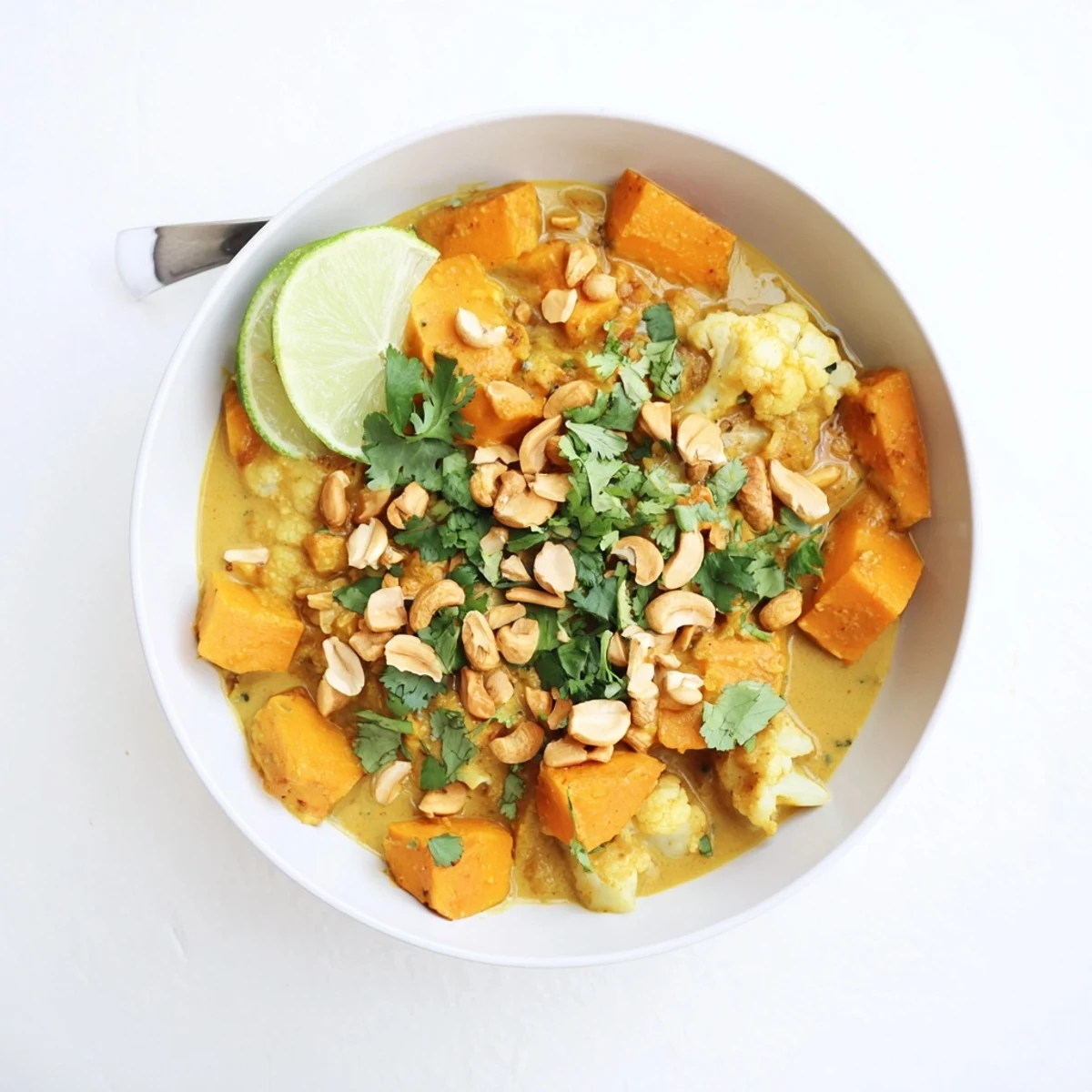 Golden kumara and tender cauliflower florets simmered in fragrant coconut cashew korma sauce