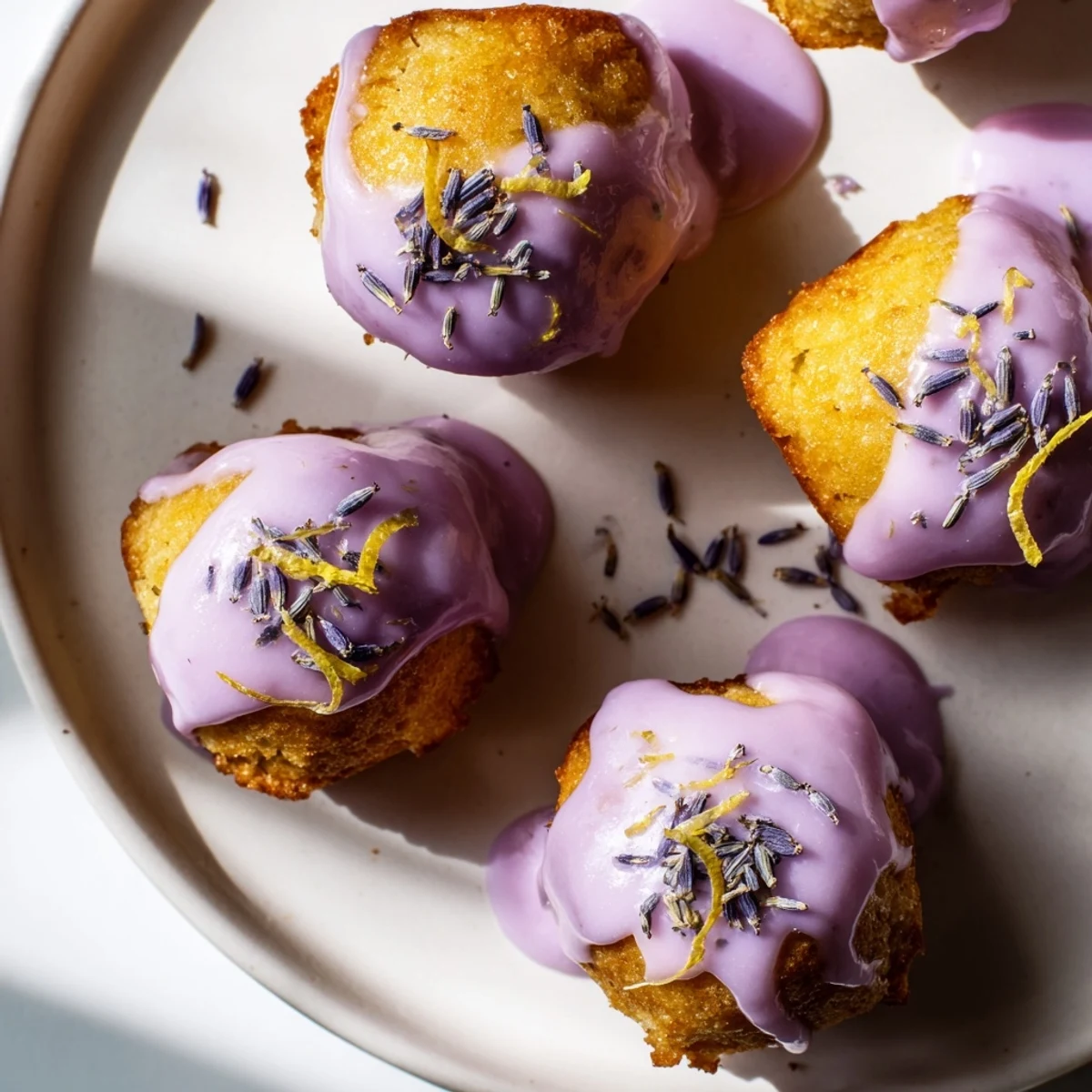 Golden mini lemon cakes drizzled with fragrant purple lavender glaze on a white serving platter