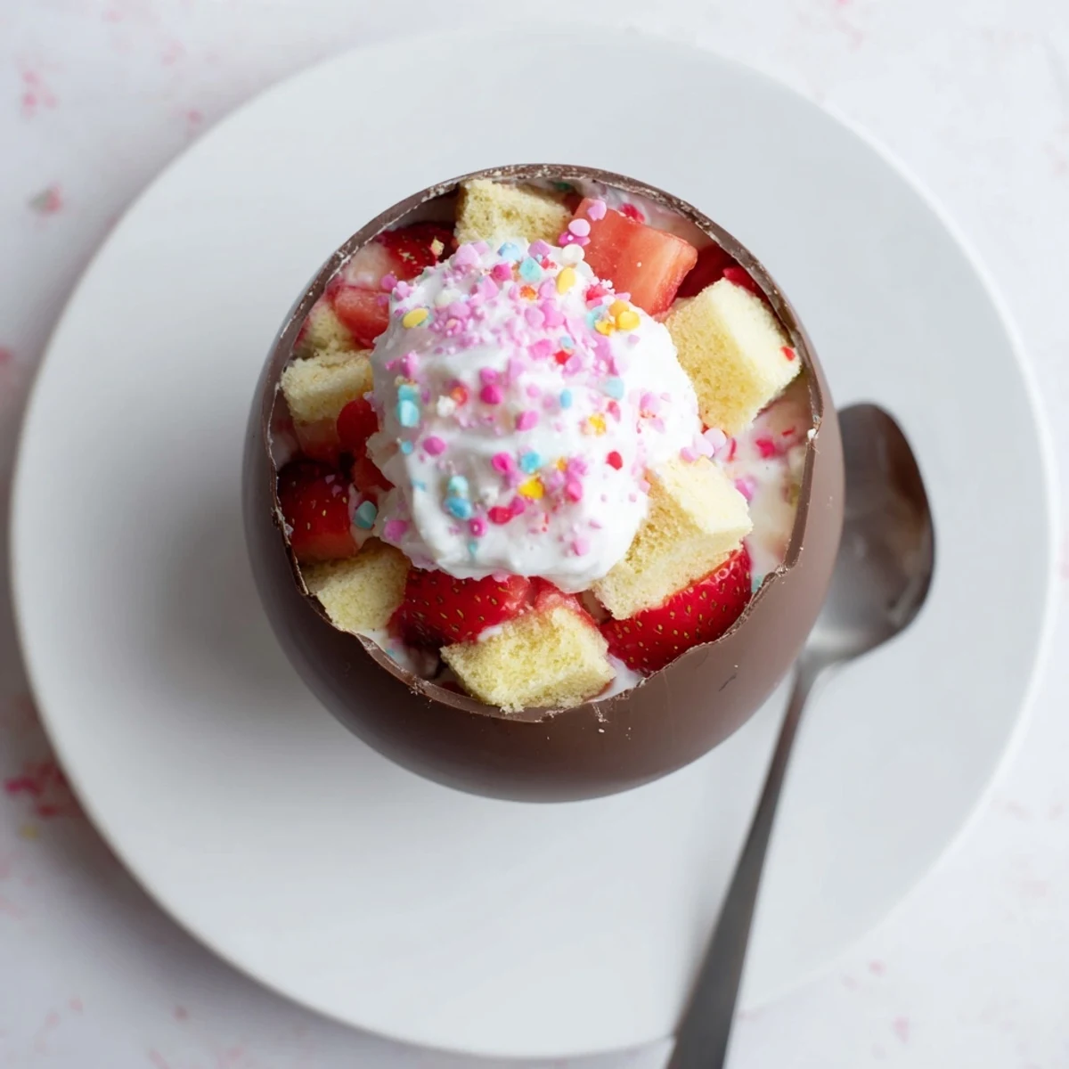 Decadent strawberry shortcake Easter egg bombs with fresh strawberries and whipped cream nestled in crisp white chocolate shells.