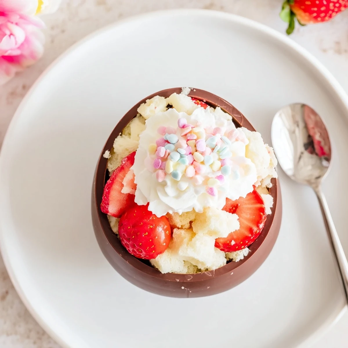 Whimsical strawberry shortcake Easter egg bombs showcasing crumbled cake, macerated berries, and sweetened cream inside colorful chocolate egg shells.