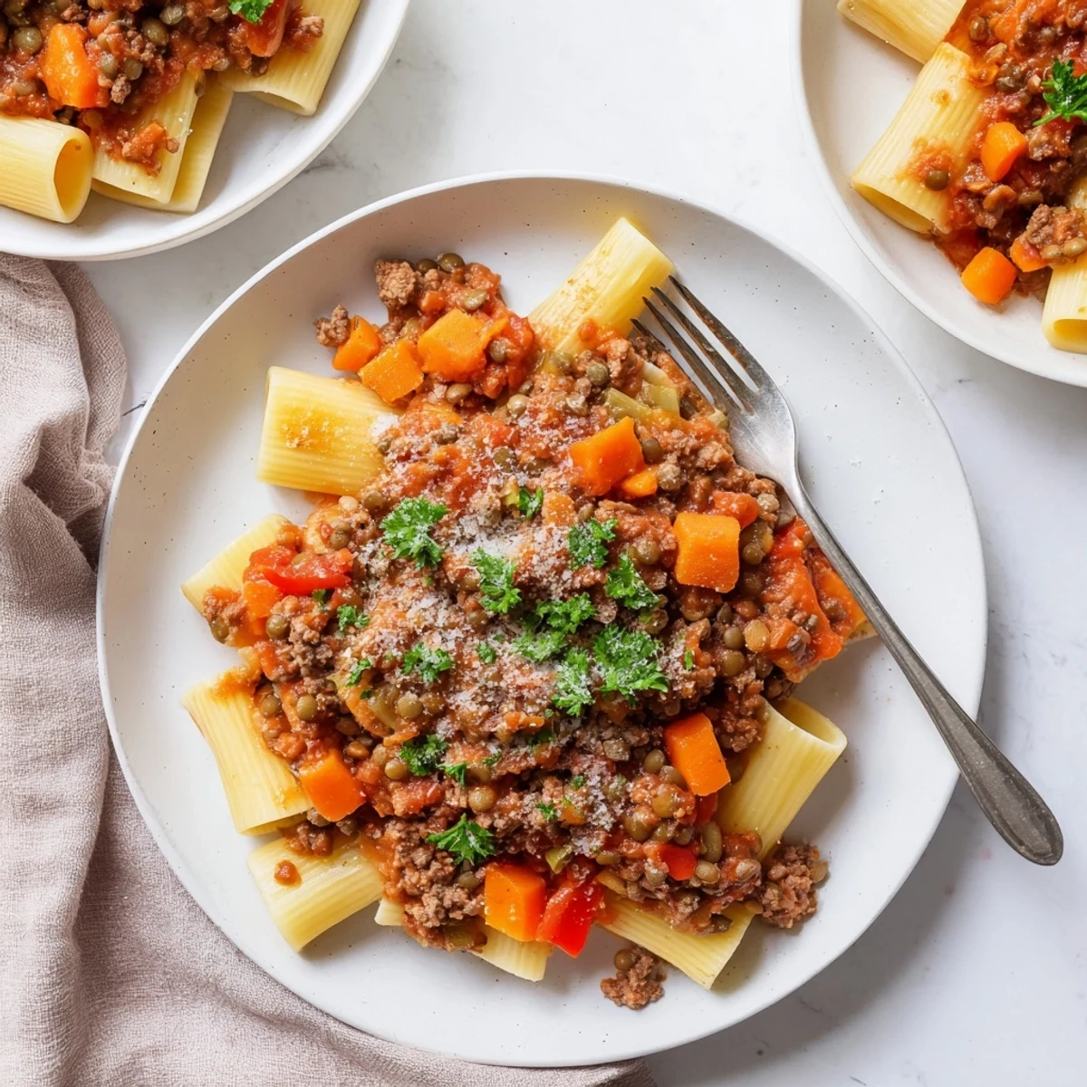 Hearty Healthy Beef and Lentil Bolognese sauce ladled over pasta with fresh basil garnish