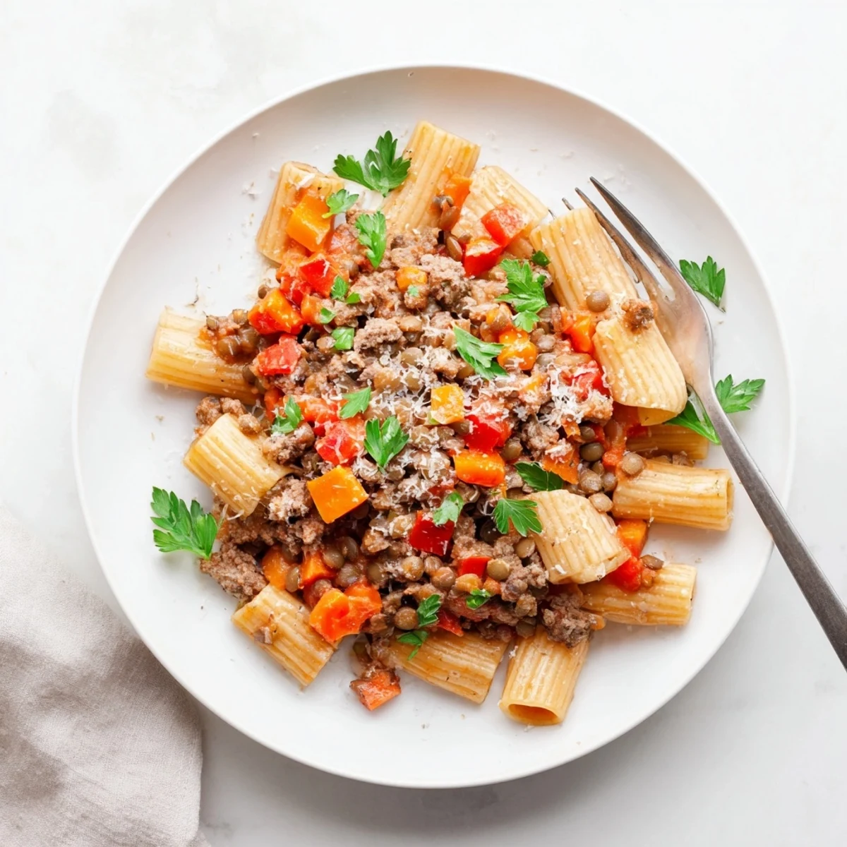 Thick protein-rich Healthy Beef and Lentil Bolognese simmered with vegetables in a rustic pot