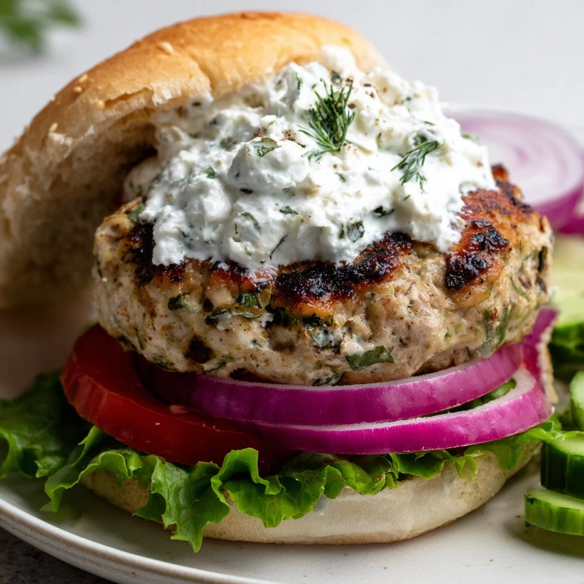 Golden brown Greek chicken burgers with melted feta topped with creamy homemade tzatziki sauce on toasted buns