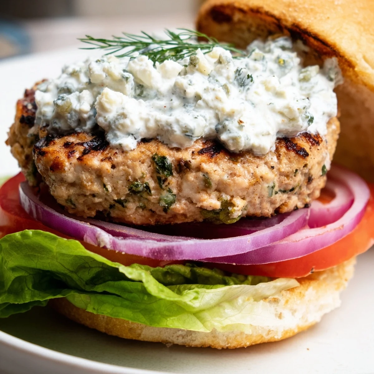 Succulent Greek chicken burgers featuring crumbly feta cheese and crisp red onion served with refreshing cucumber tzatziki sauce