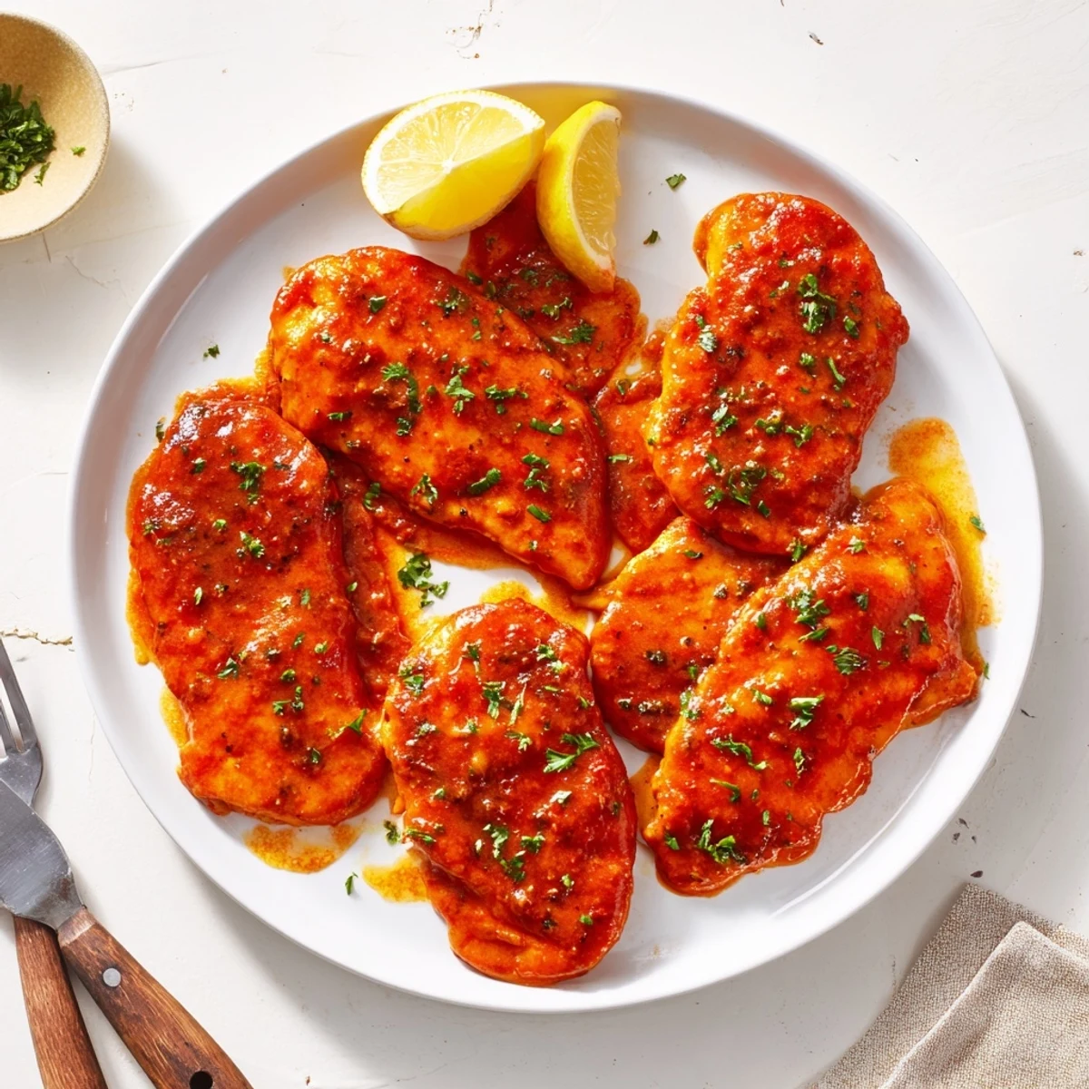 Golden brown Chicken Diablo glazed with spicy sweet red sauce, fresh parsley garnish visible