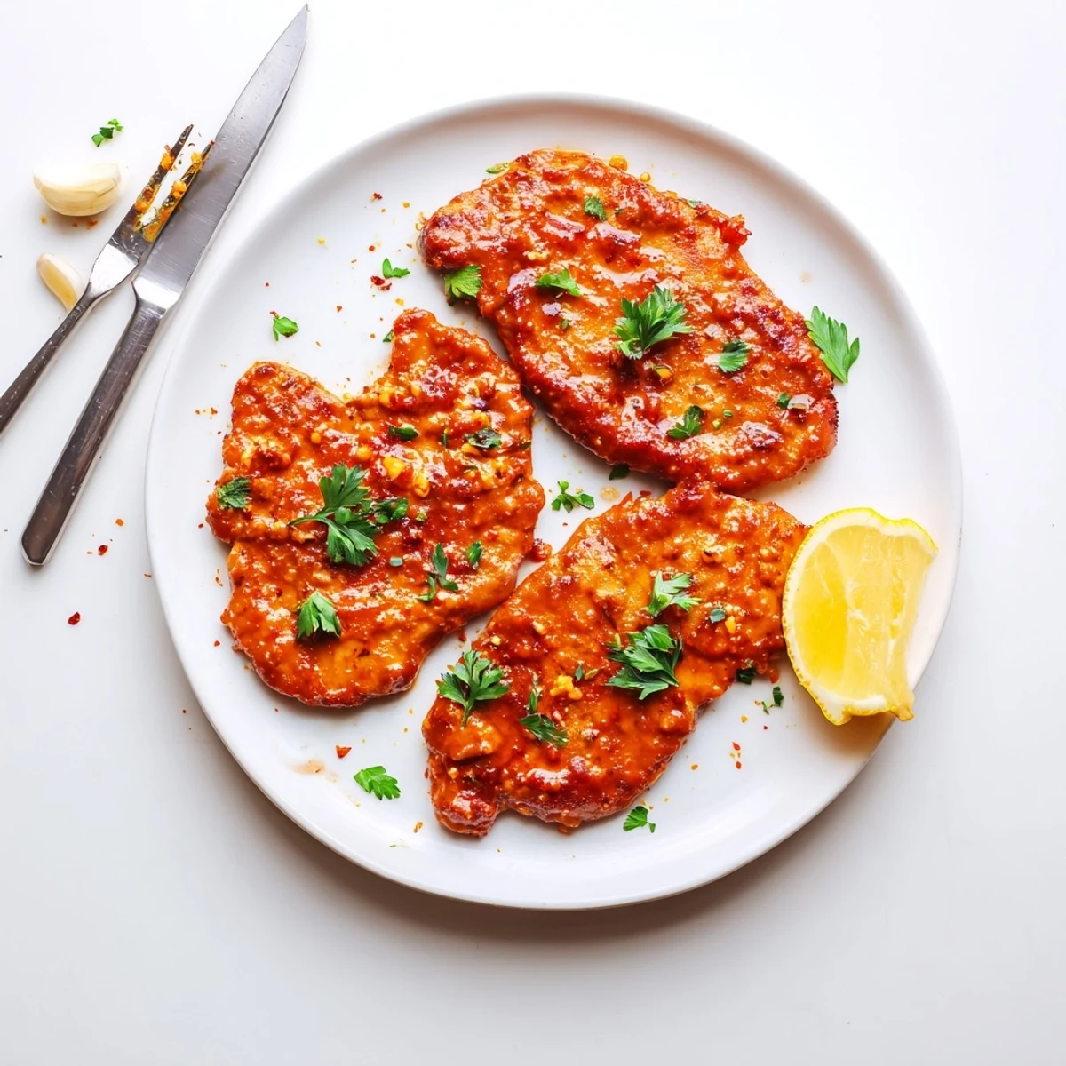 Oven-baked Chicken Diablo with tangy spicy glaze, garnished with chopped parsley and lemon