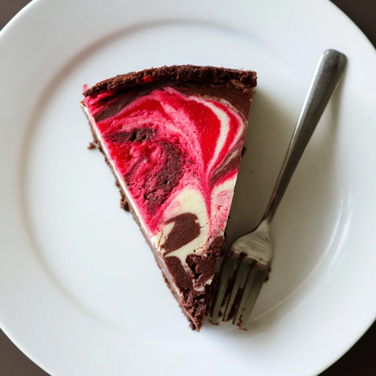 Decadent chocolate strawberry swirl cheesecake with ribbons of fresh strawberry puree swirled through rich creamy chocolate cheesecake filling on a chocolate cookie crust