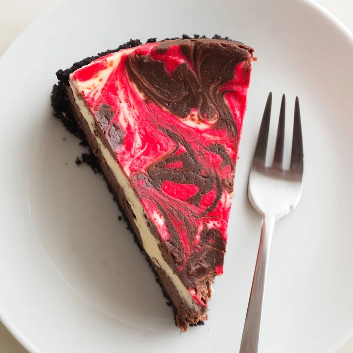 Creamy no-bake chocolate strawberry swirl cheesecake slice showcasing vibrant red berry swirls against dark chocolate layers on a crumbly biscuit base