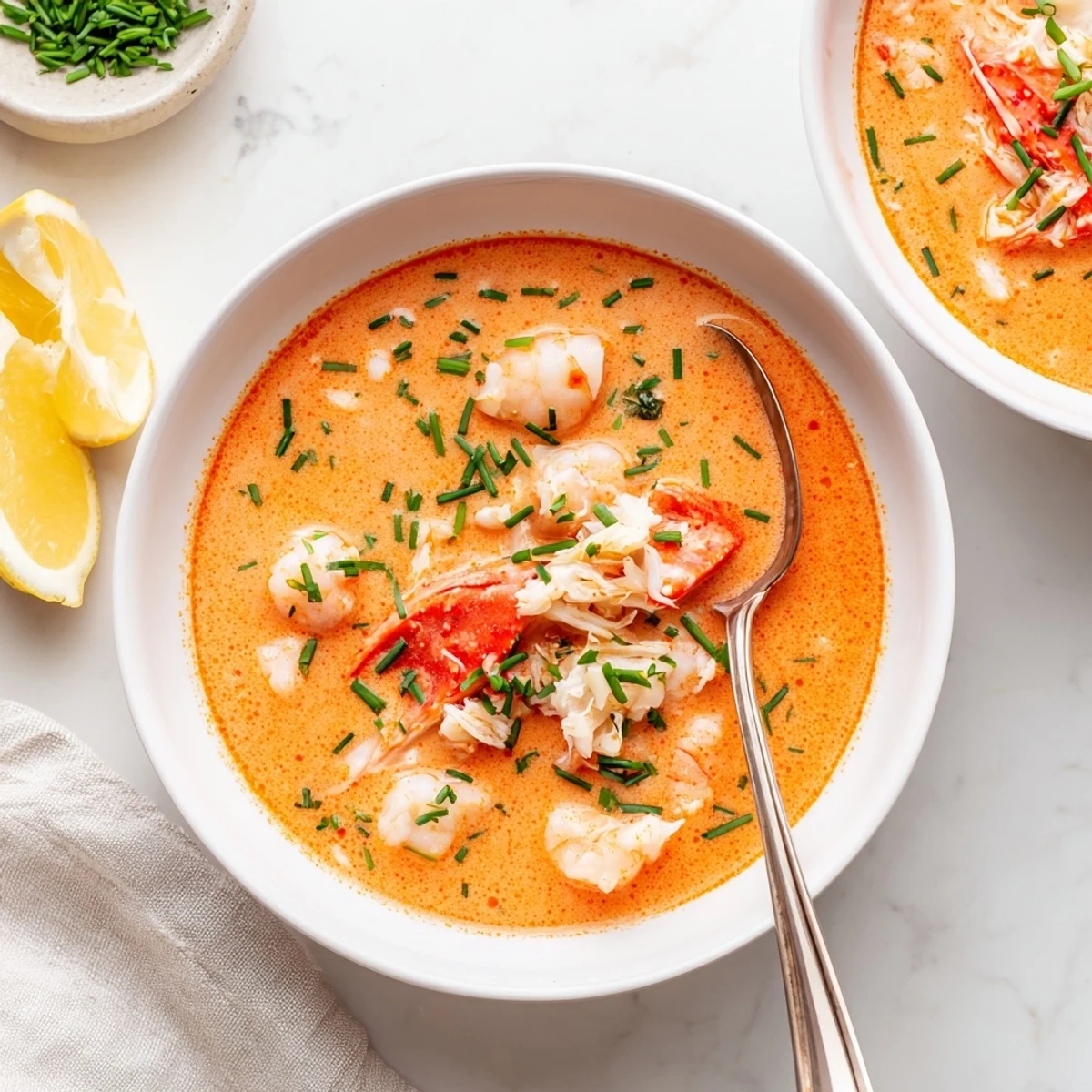Creamy seafood bisque bowl featuring tender crab and shrimp swimming in rich orange-hued broth