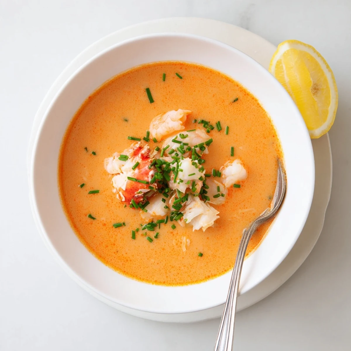Gourmet seafood bisque in white ceramic bowl with lump crab and shrimp topped with chives