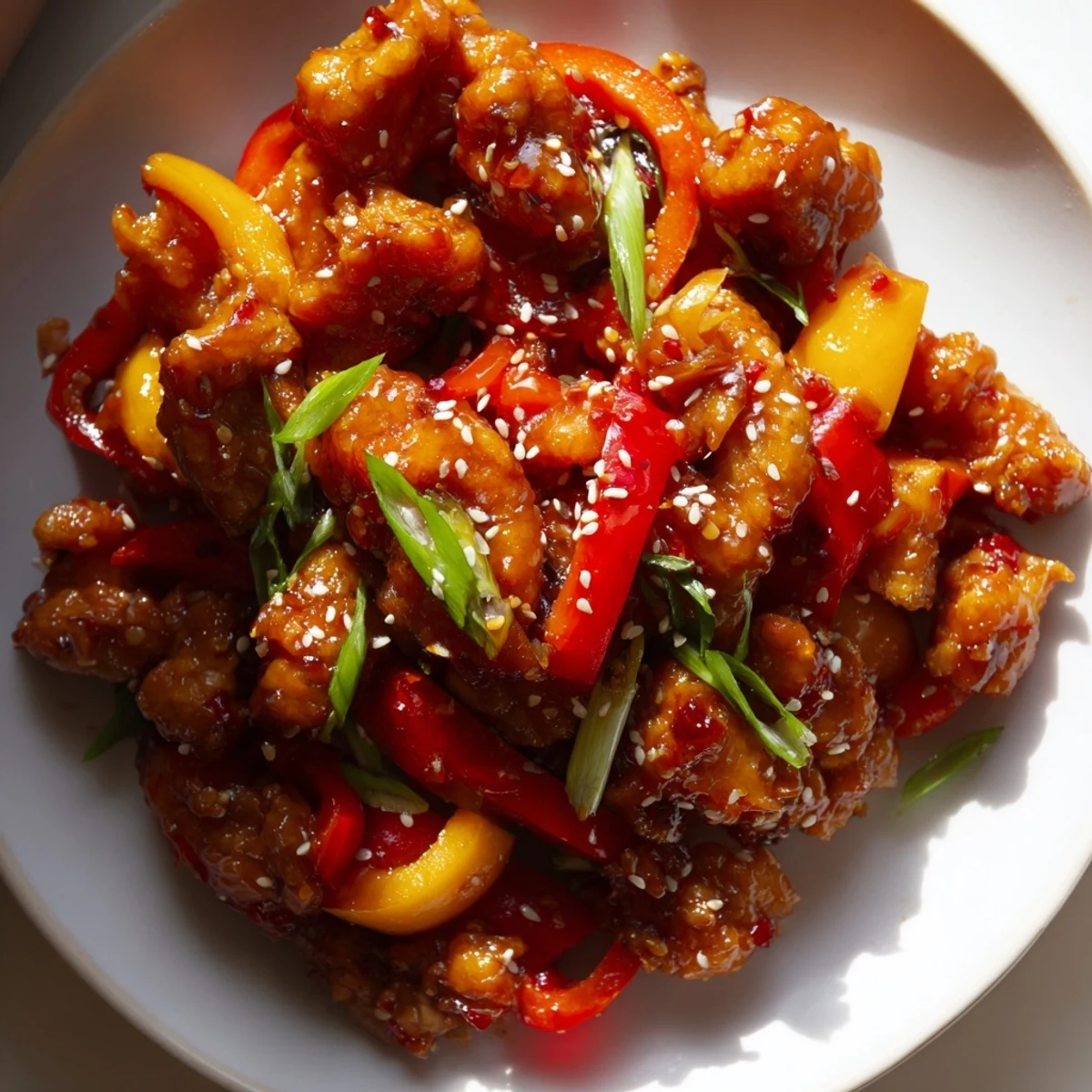 Golden spicy dragon chicken pieces glazed in red chili sauce with colorful bell pepper slices