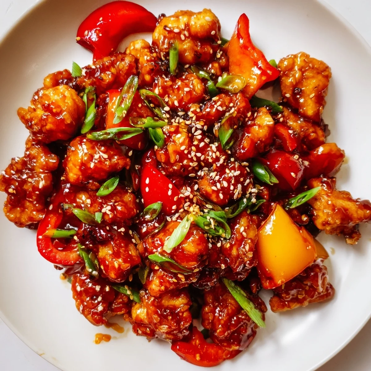 Tender spicy dragon chicken stir-fried with garlic and ginger in a sticky sweet glaze