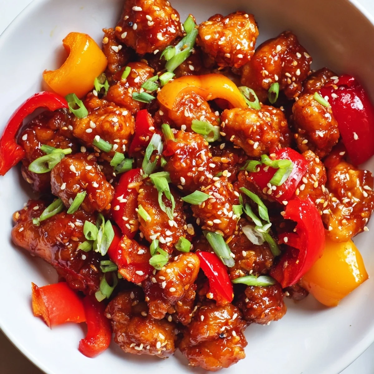 Sizzling spicy dragon chicken dish garnished with sesame seeds and fresh green onions