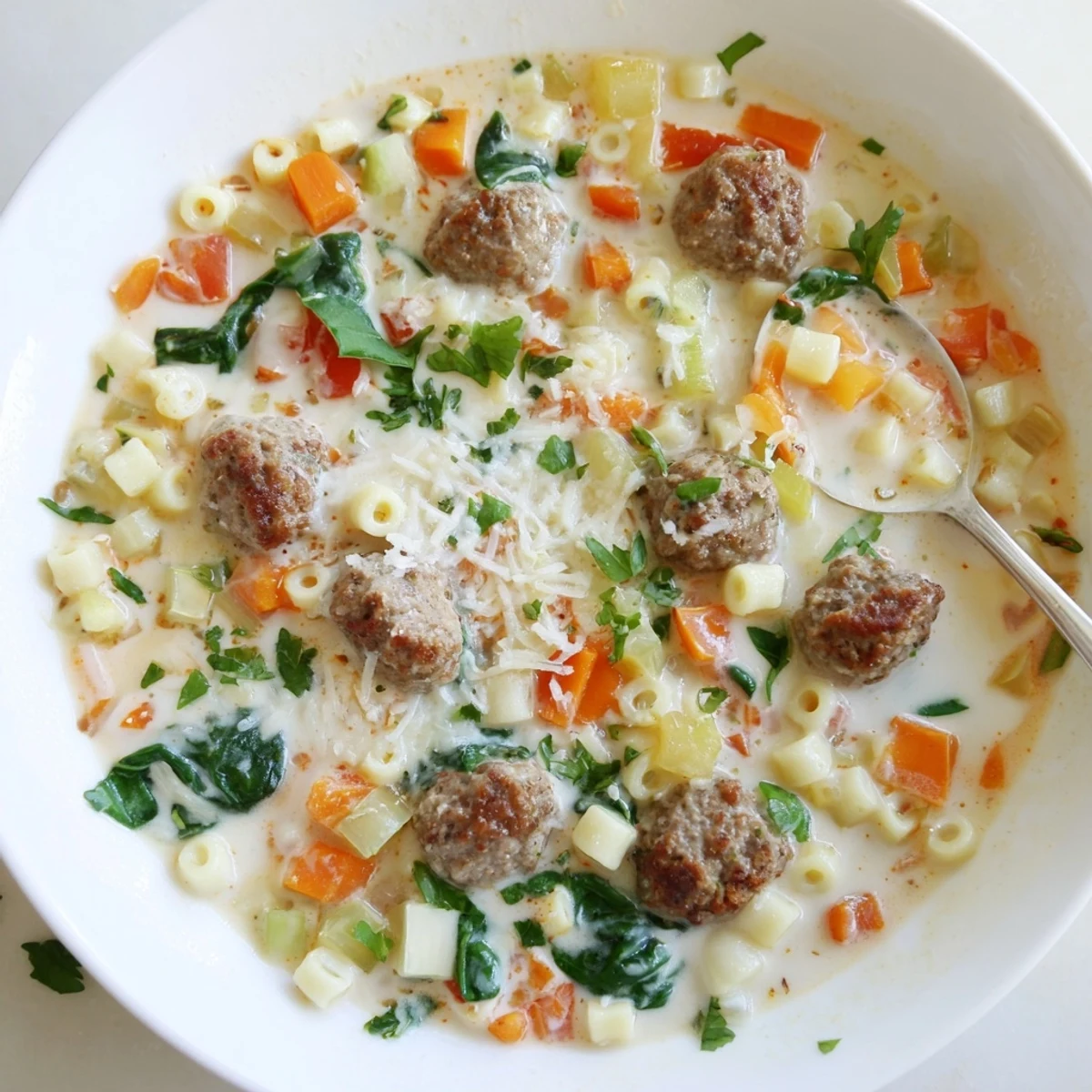 Creamy Italian meatball soup in a white bowl topped with grated Parmesan and fresh basil