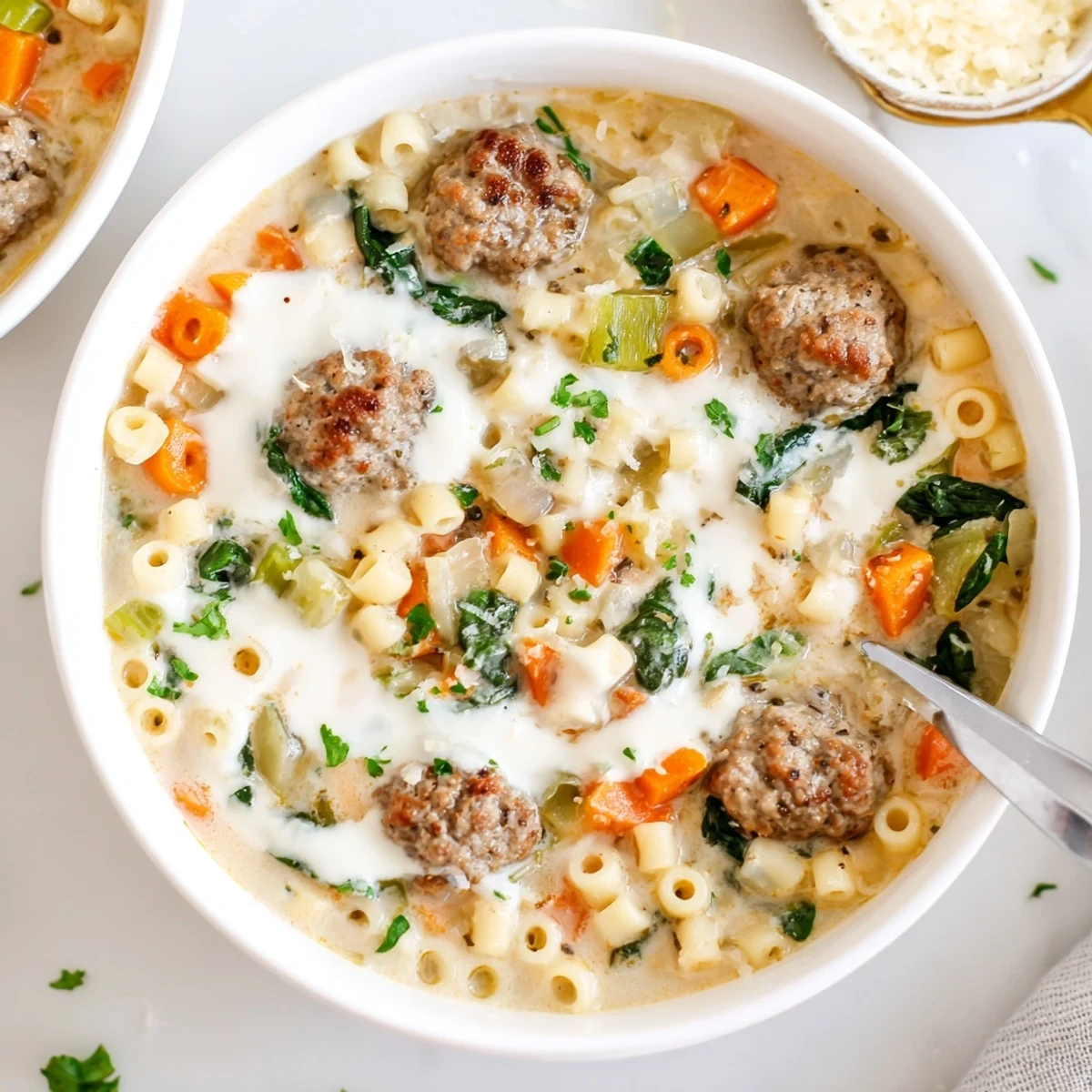 Steaming pot of creamy Italian meatball soup filled with tender beef meatballs, vegetables, and pasta