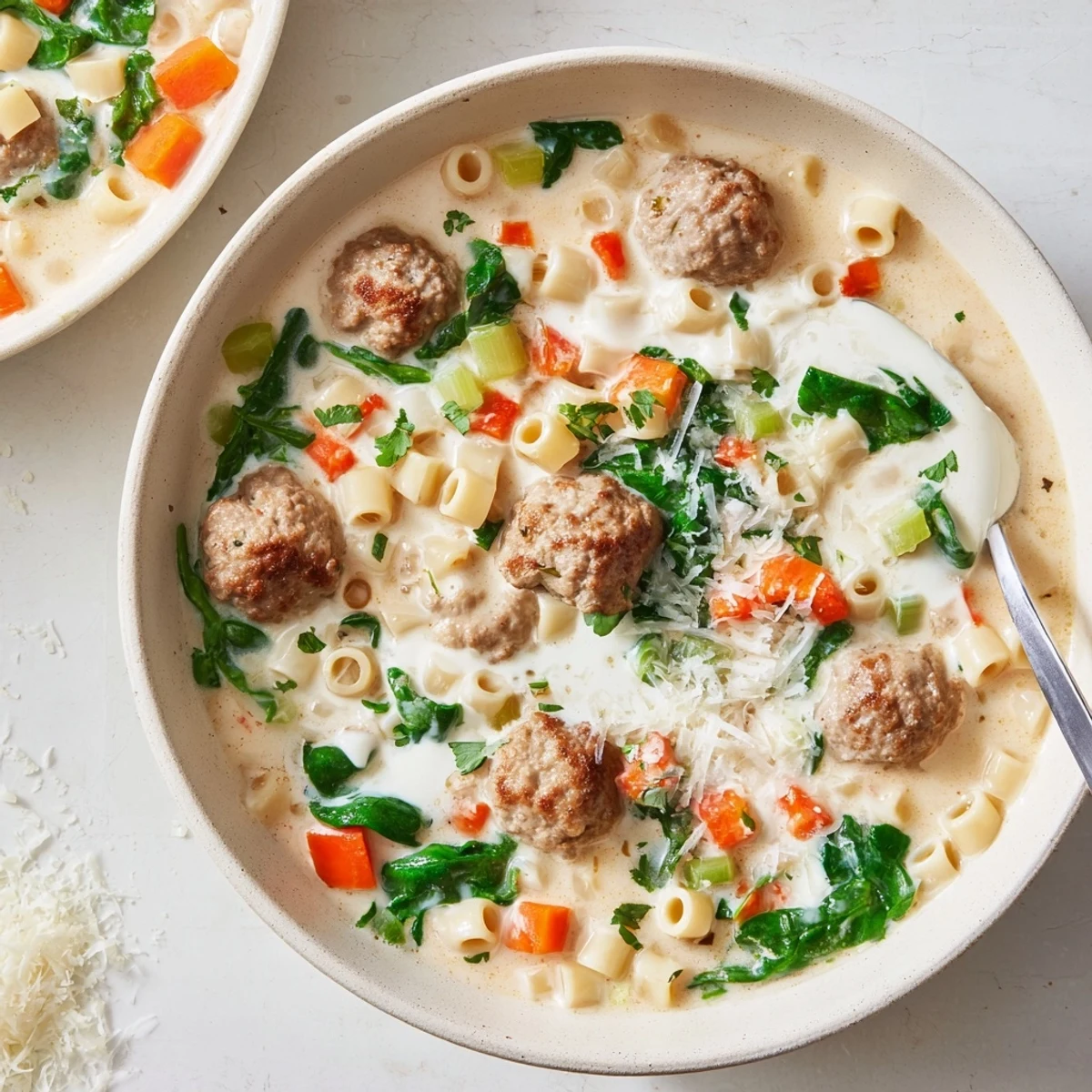 Close-up of creamy Italian meatball soup with spinach swirls and pasta in rich tomato broth