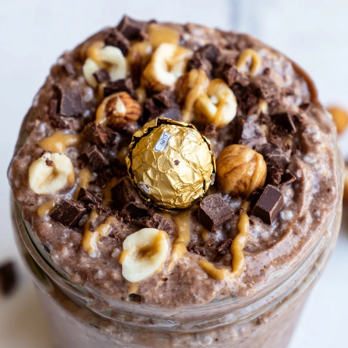 Creamy Ferrero Rocher protein overnight oats topped with chopped hazelnuts and dark chocolate pieces in a glass jar