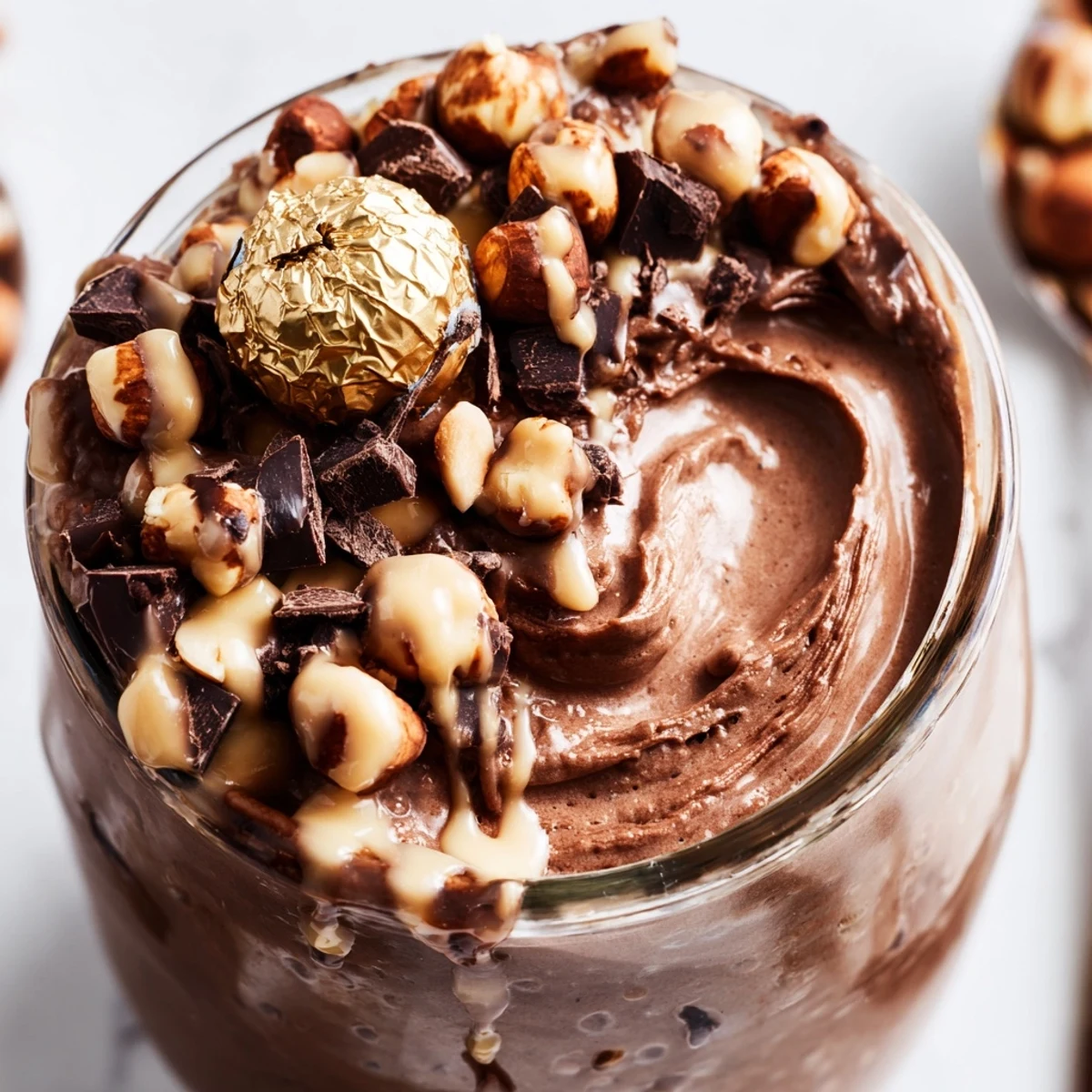 Protein-packed overnight oats featuring cocoa powder, hazelnut butter swirl, and roasted hazelnut crunch for breakfast