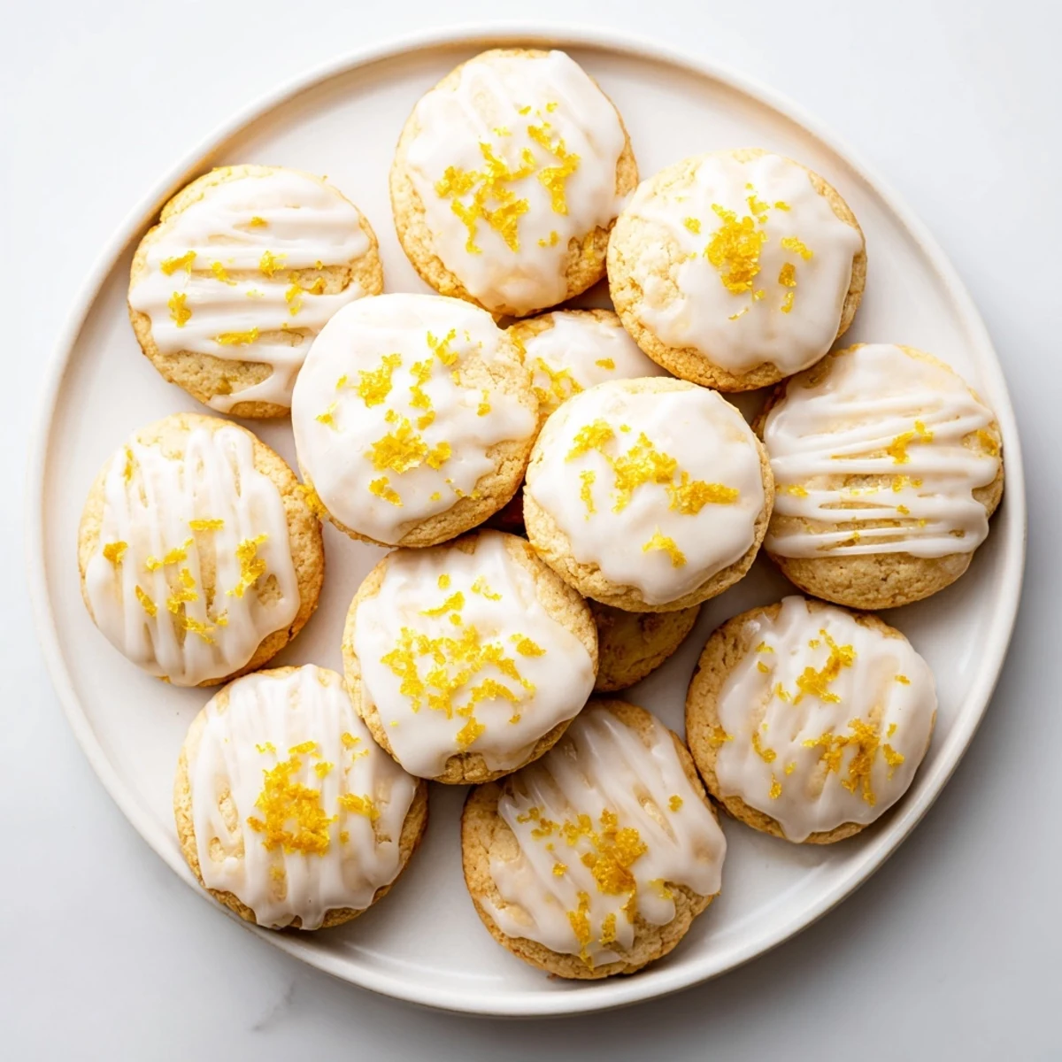 Golden glazed Limoncello cookies drizzled with white lemon icing on a white serving plate