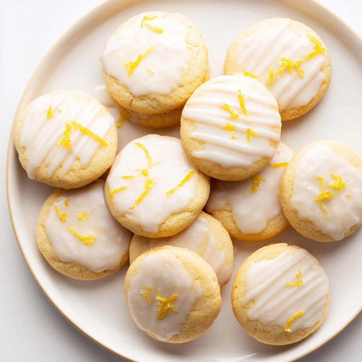 Soft lemon cookies with Limoncello glaze arranged on a decorative wire cooling rack