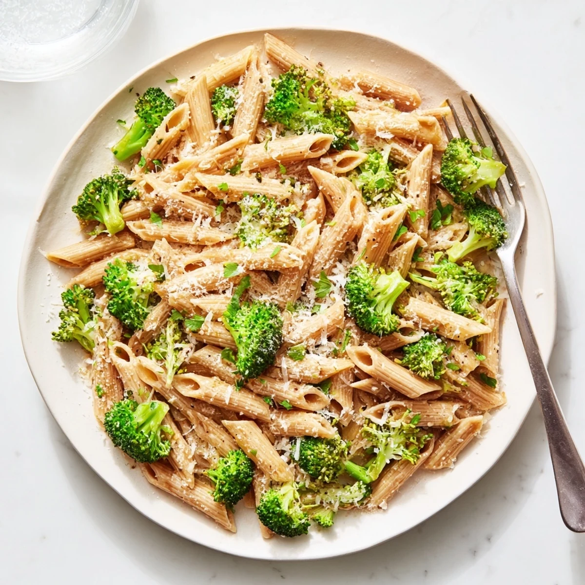 Golden whole wheat penne pasta tossed with vibrant green broccoli florets in a light garlic olive oil sauce