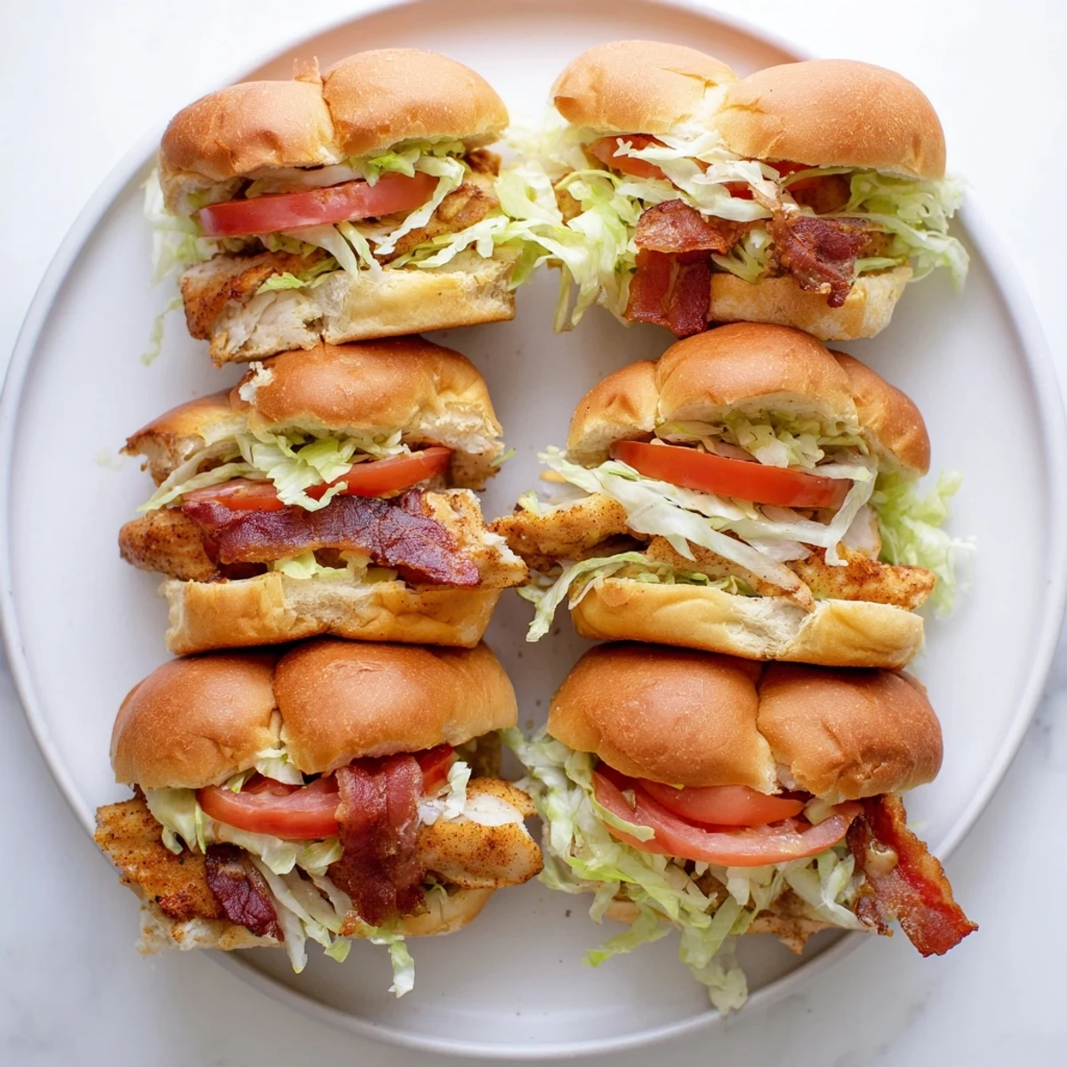 Golden honey mustard BLT chicken sliders stacked on toasted buns with crisp bacon and fresh tomato