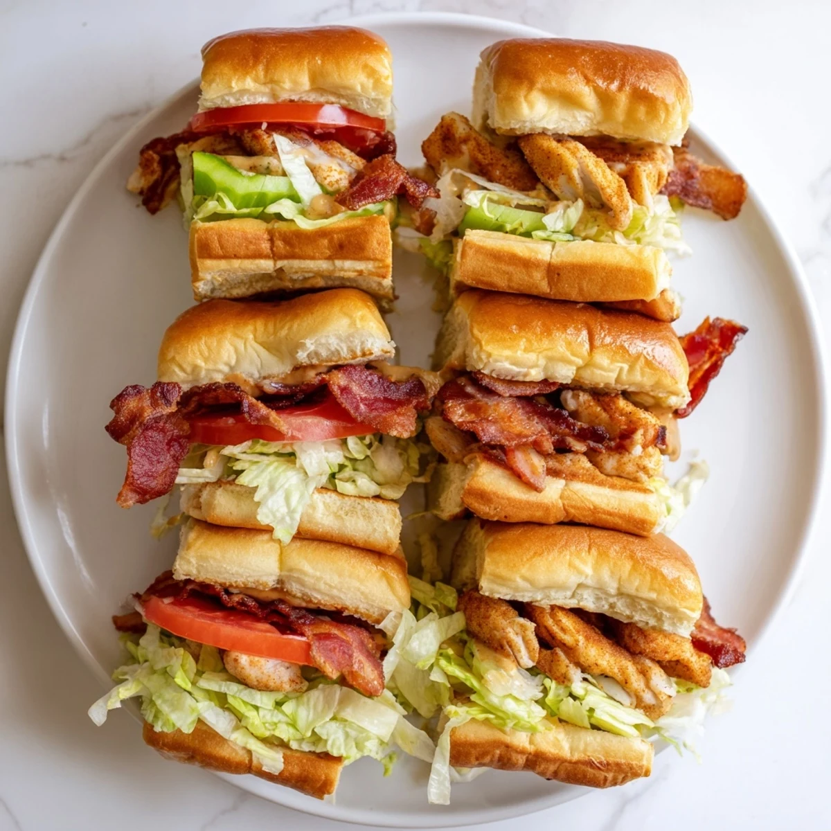 Close-up of honey mustard BLT chicken sliders featuring crispy bacon, tender chicken, and honey glaze