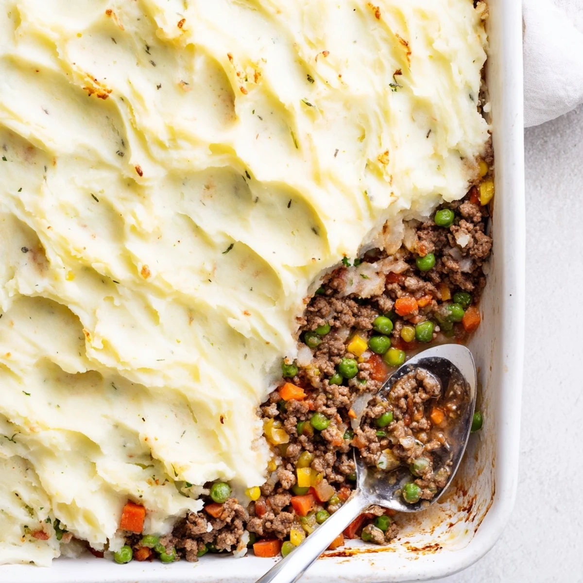 Golden shepherds pie with fluffy garlic mashed potatoes baked to bubbly perfection