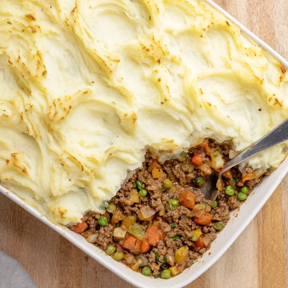 Hearty shepherds pie casserole with creamy potato topping and savory ground meat filling