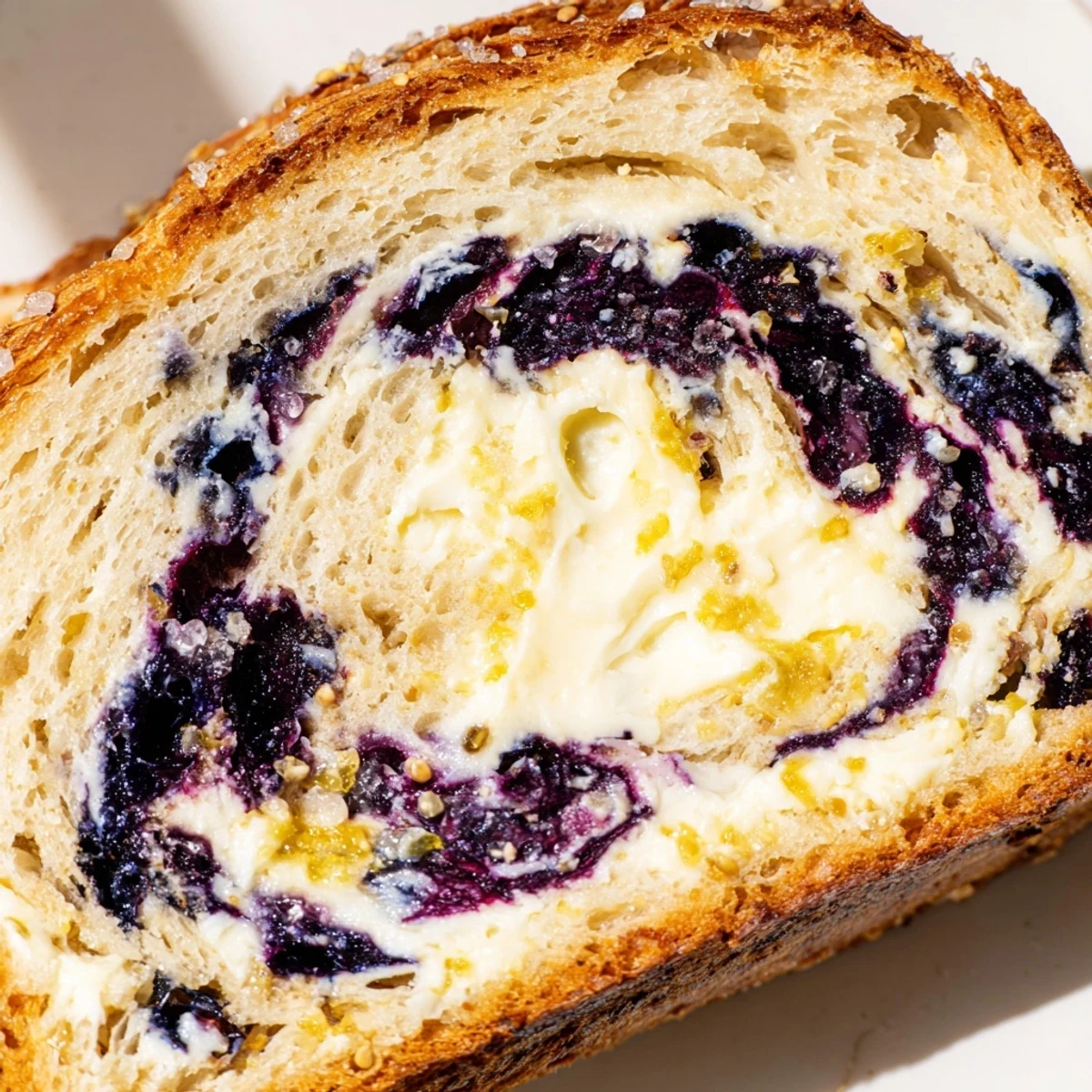Golden blueberry lemon cream cheese sourdough loaf sliced to reveal purple berry swirls and creamy pockets