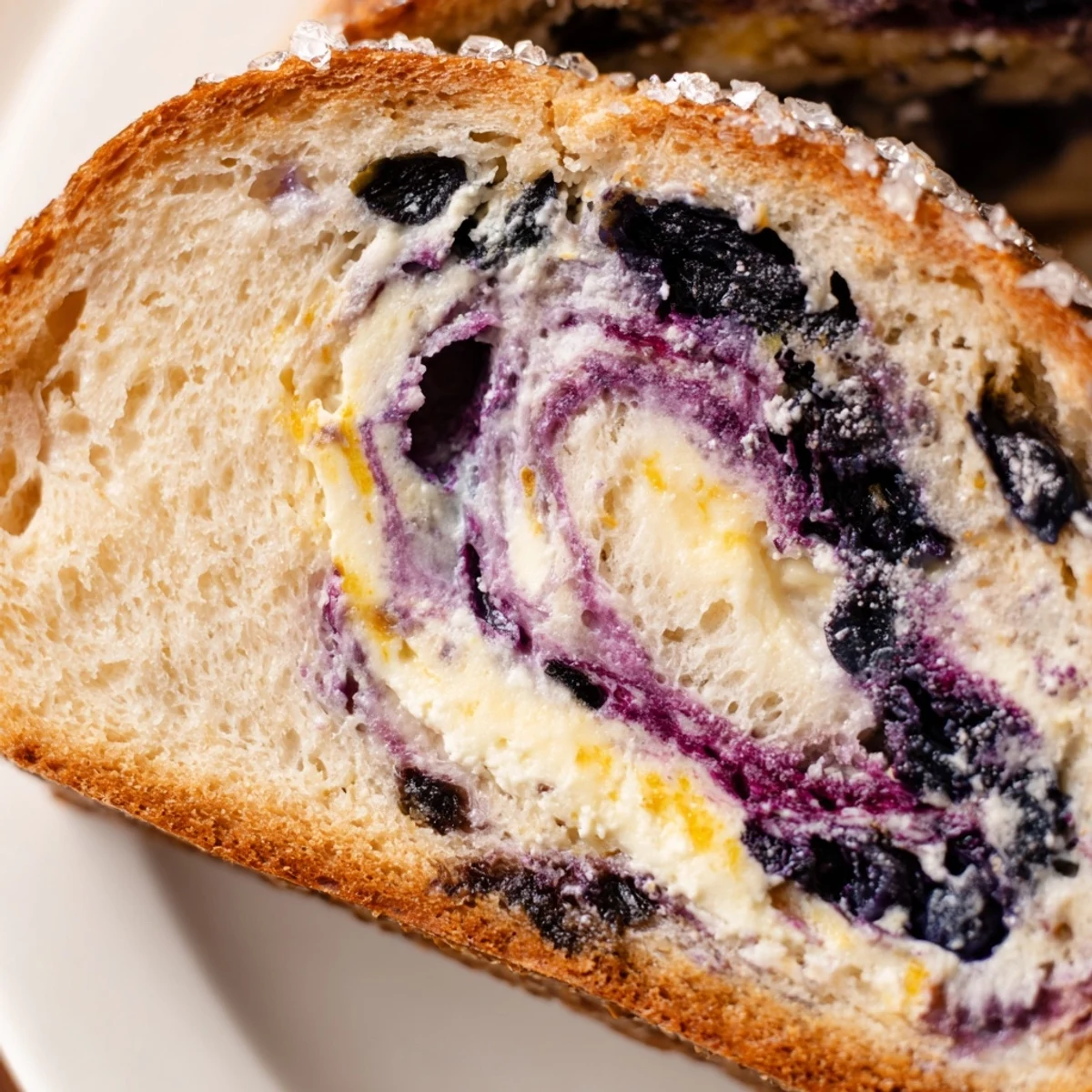 Sourdough bread swirled with tangy cream cheese filling and bursting fresh blueberries on wooden cutting board