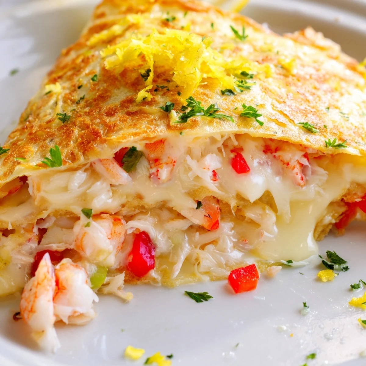 Golden crispy cheesy seafood tortilla bombs with melted cheese oozing from fried tortilla parcels