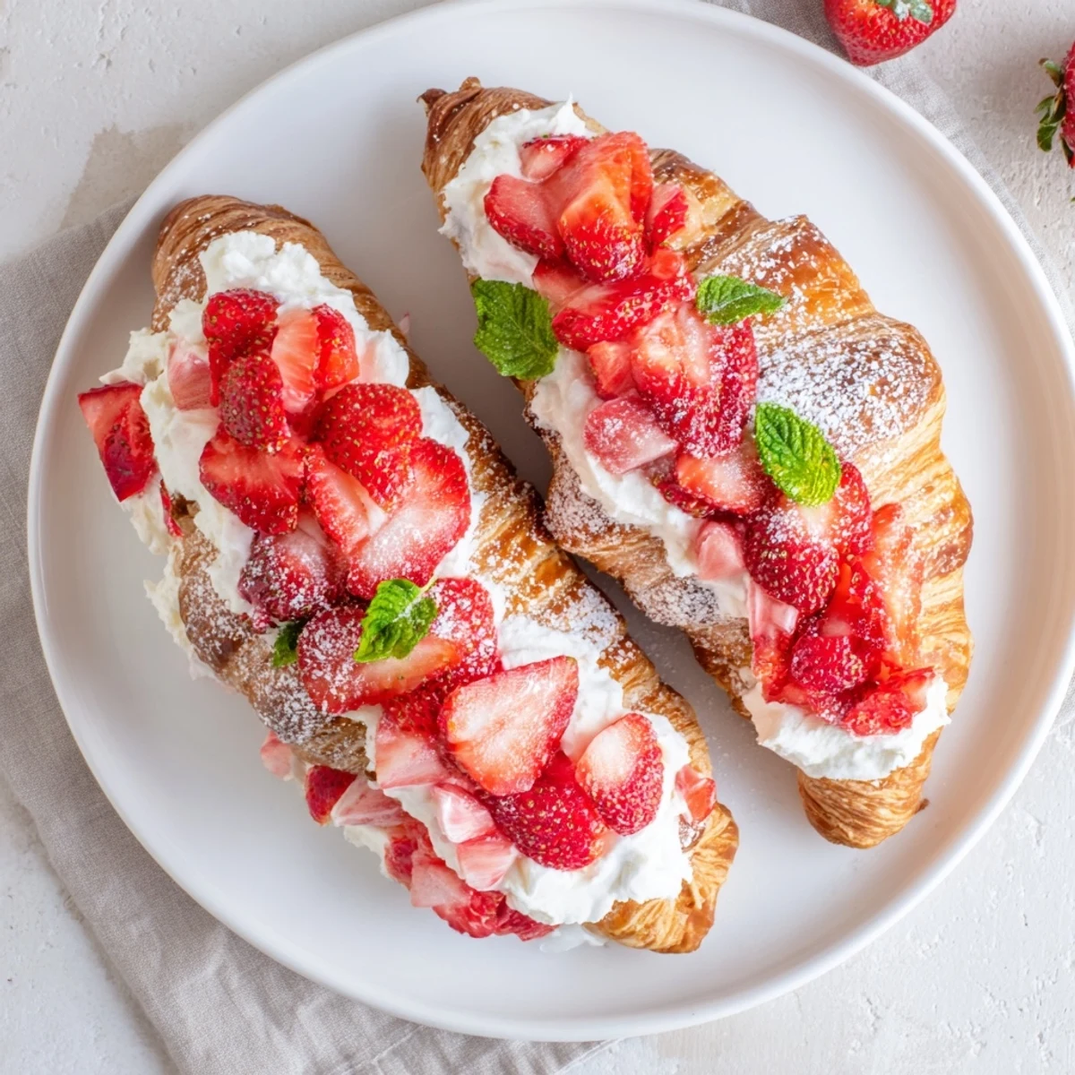 Golden buttery croissant sliced open revealing fluffy vanilla cream and fresh diced strawberry filling