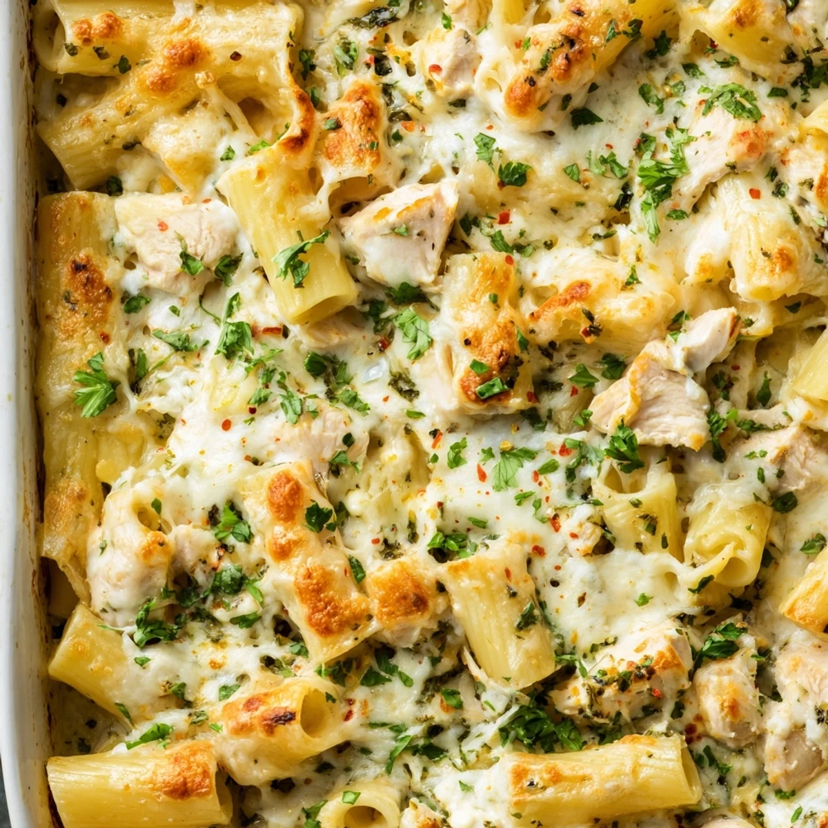 Golden bubbly cheesy garlic chicken rigatoni casserole fresh from the oven with melted mozzarella topping