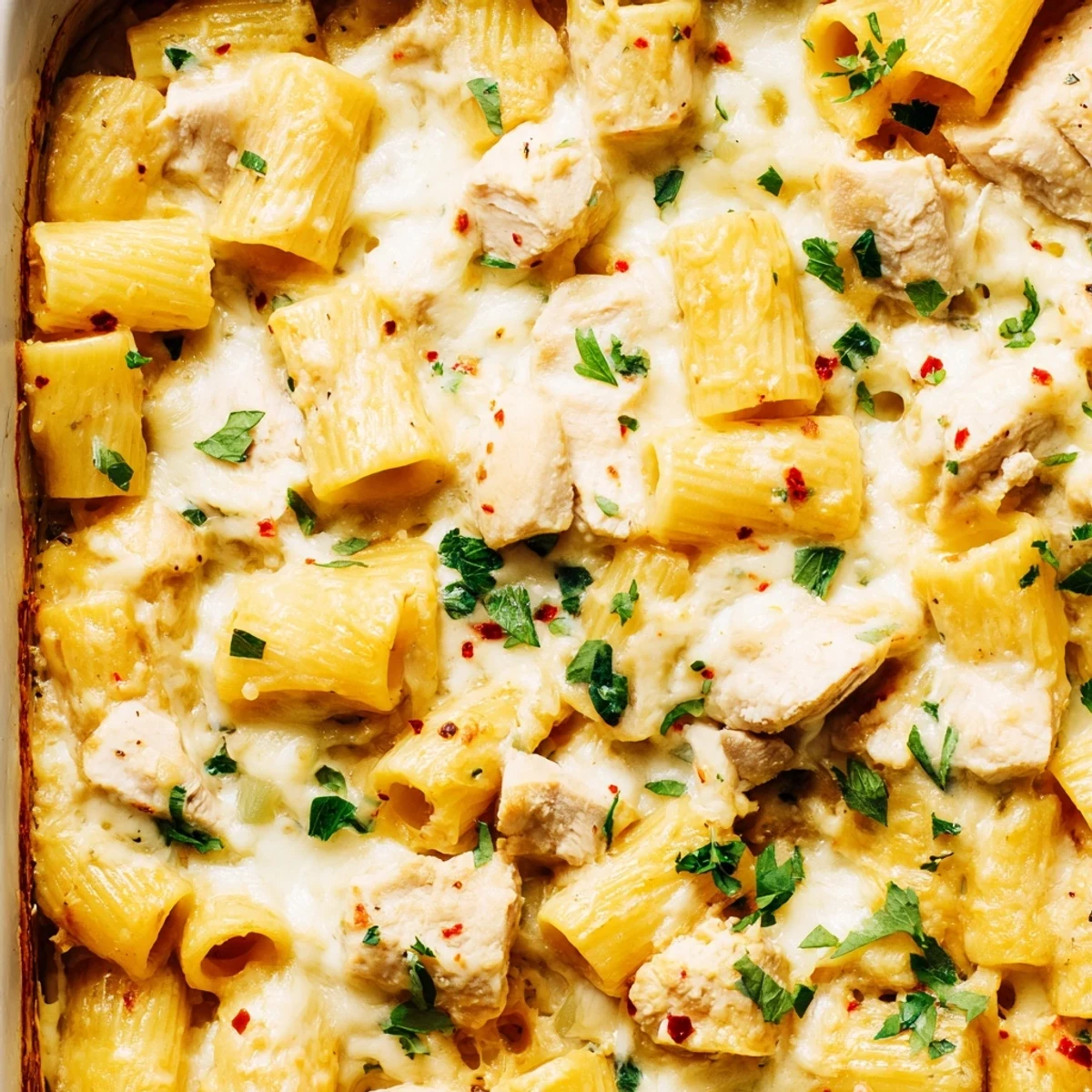 Hearty chicken rigatoni casserole with tender pasta pieces in rich melted cheese sauce close up