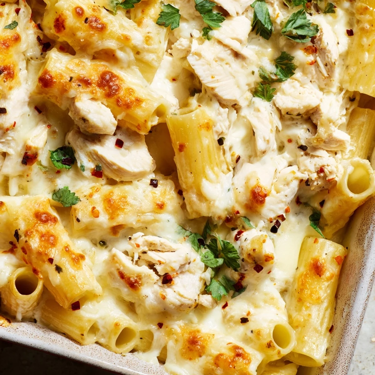 Creamy garlic chicken rigatoni pasta bake served piping hot with chopped parsley garnish on top