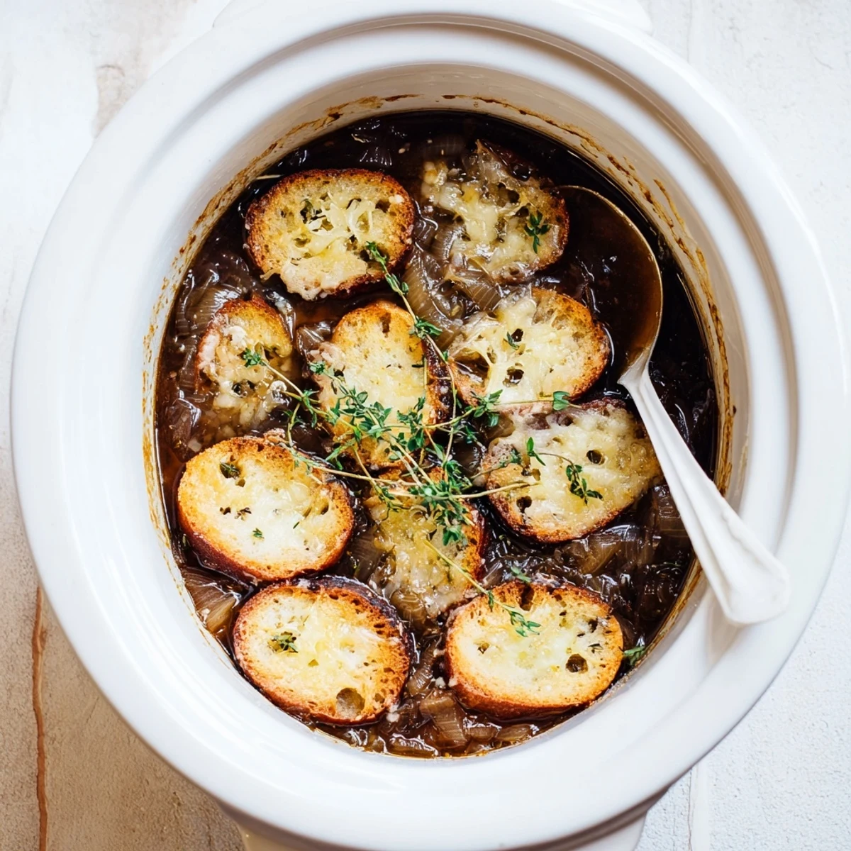 Golden brown slow cooker French onion soup topped with melted Gruyère and crusty baguette