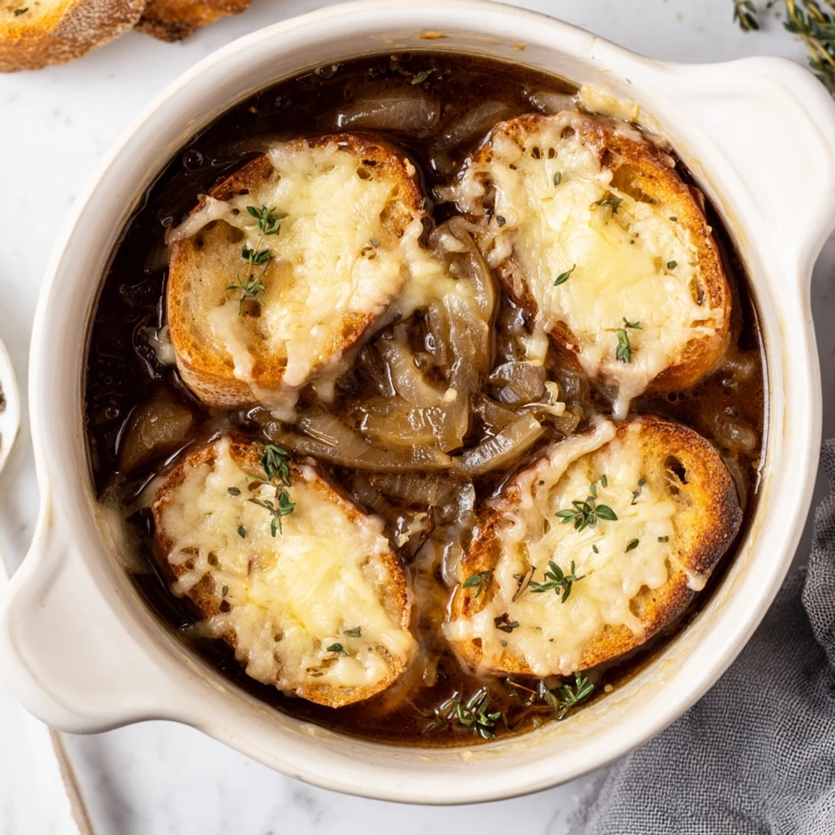 Comforting bowl of slow cooker French onion soup featuring toasted bread and golden cheese topping