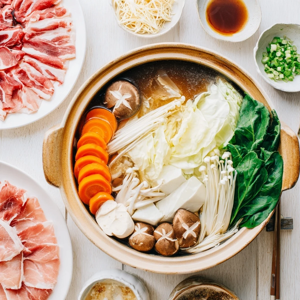 Steaming Japanese Shabu Shabu hot pot with thinly sliced beef and fresh vegetables arranged around a simmering broth pot