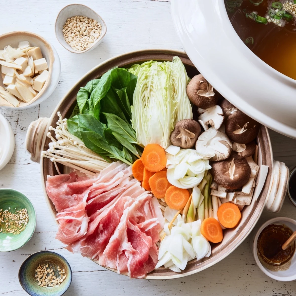 Tableside Japanese Shabu Shabu featuring swishing beef slices in aromatic dashi broth with colorful cabbage, mushrooms, and tofu