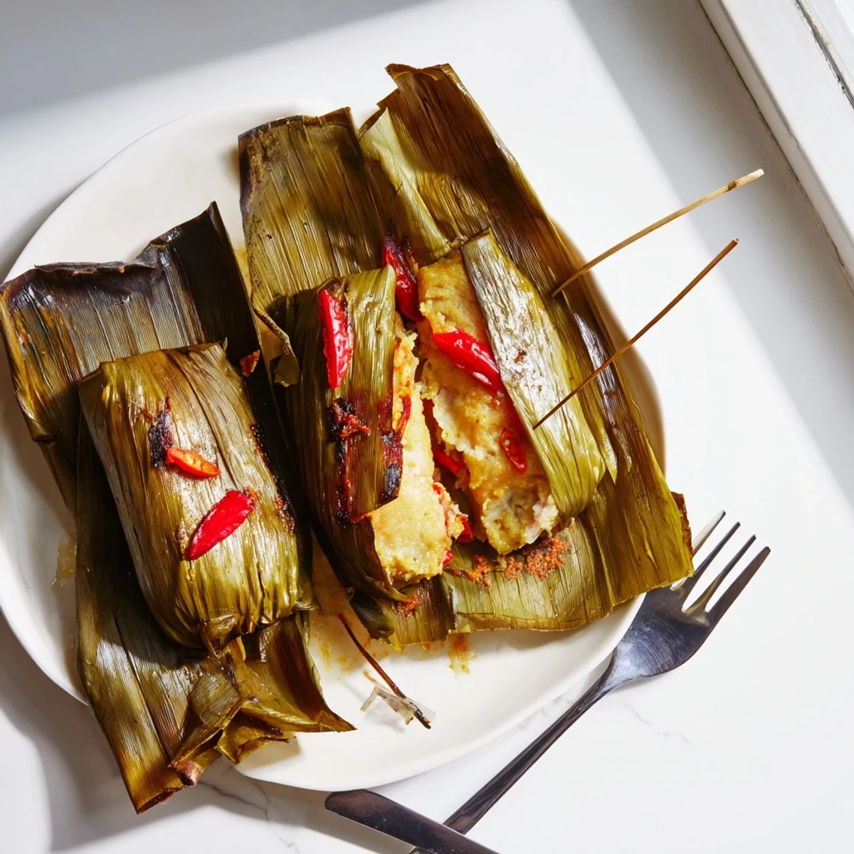 Golden grilled Malaysian Otak Otak fish cake parcels wrapped in charred banana leaves