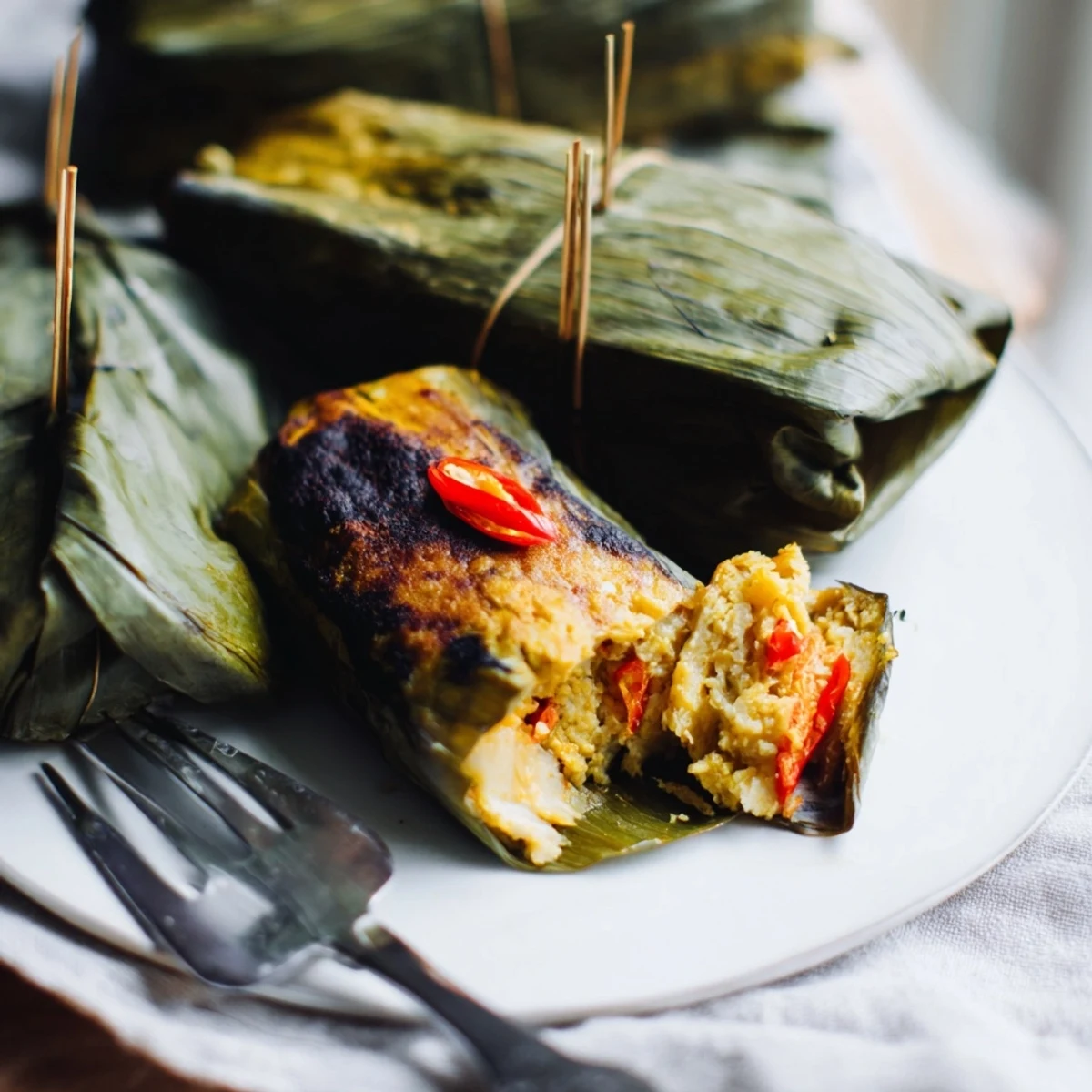 Grilled Malaysian Otak Otak boasting tender fish custard infused with lemongrass and turmeric