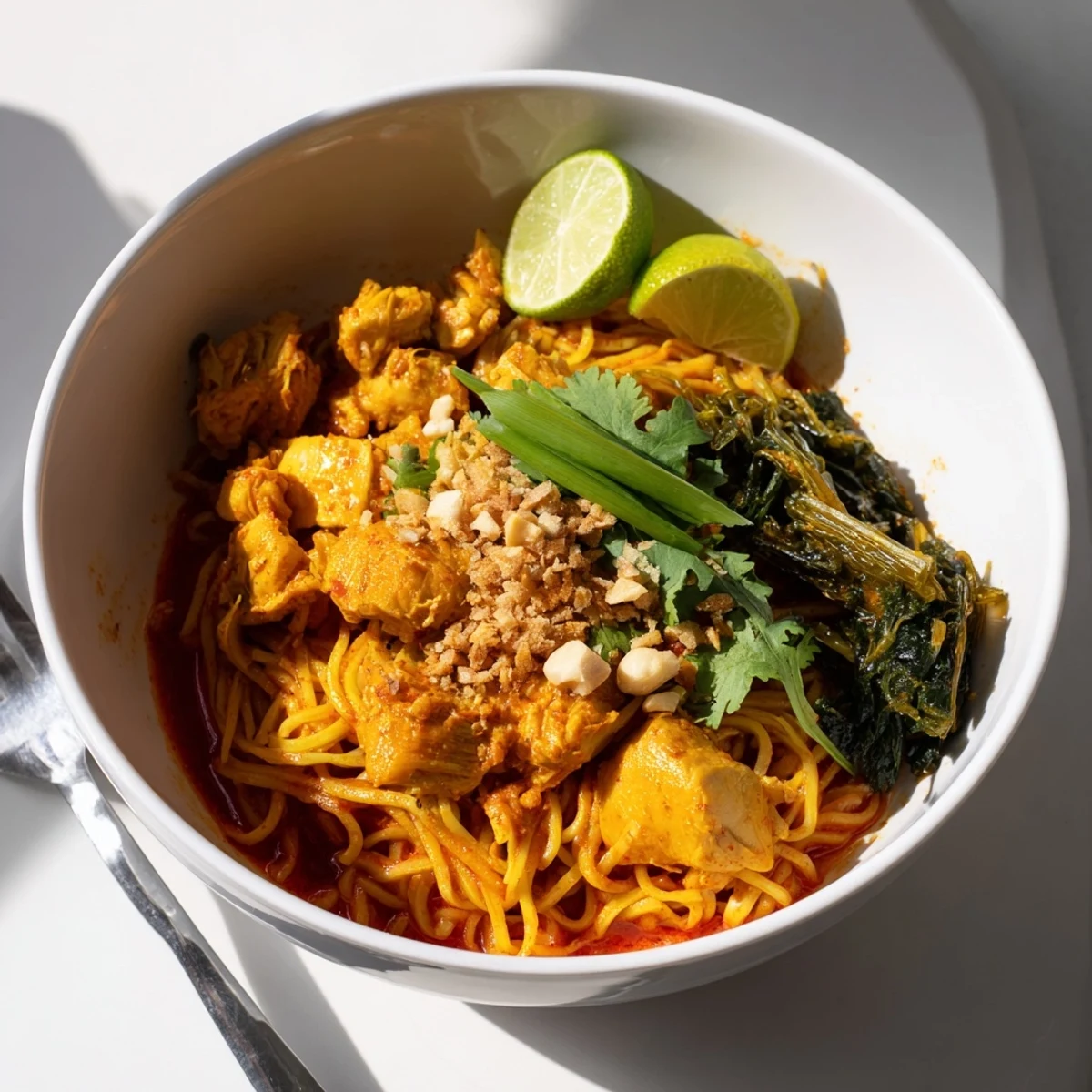 Bowl of Shan Noodles featuring tender chicken in rich tomato sauce topped with crunchy peanuts and fresh herbs