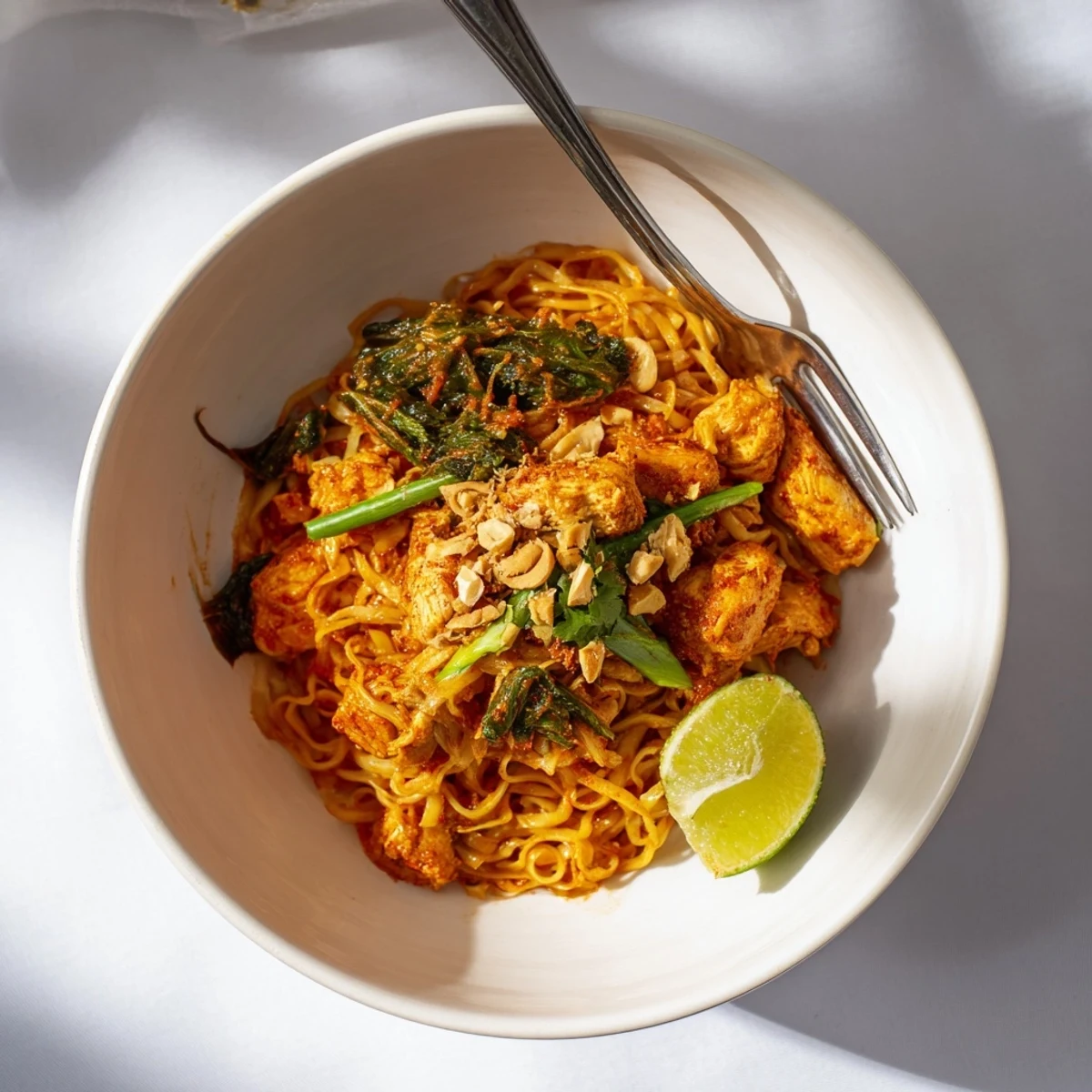 Steaming Shan Noodles with pickled mustard greens, spring onions, and coriander garnish on a white background