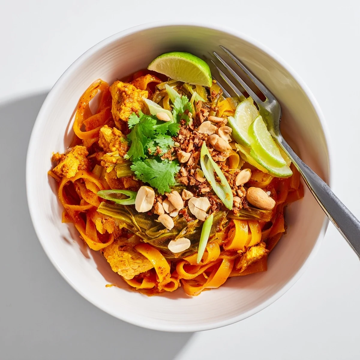 Comforting Shan Noodles dish with rice noodles coated in savory chicken tomato sauce and lime wedges