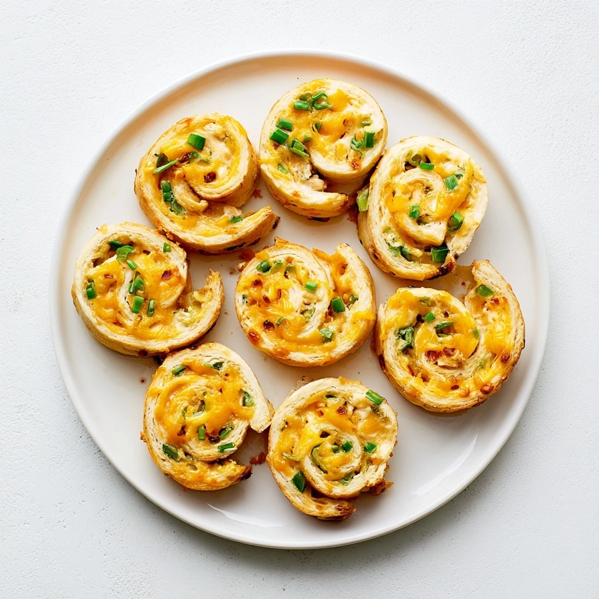 Close up of spiraled easy jalapeno popper pinwheels showing creamy cheese and diced jalapeño filling