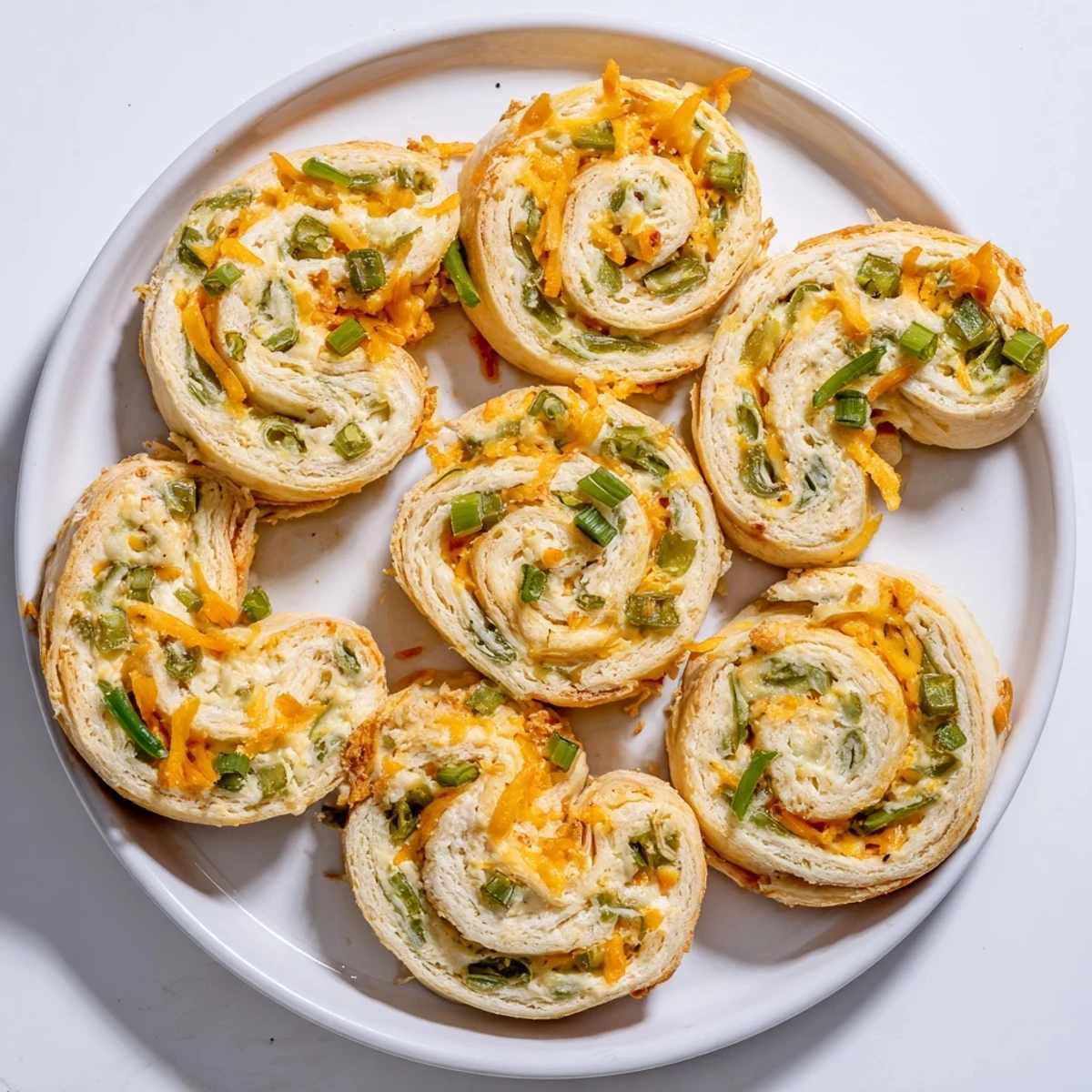Golden baked easy jalapeno popper pinwheels arranged on a serving platter with fresh cilantro garnish