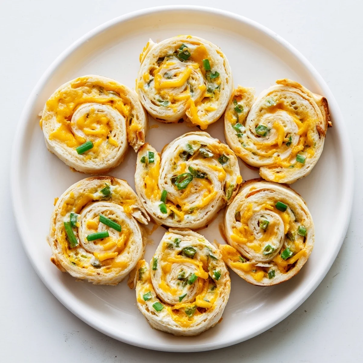 Warm appetizer plate displaying easy jalapeno popper pinwheels with flaky tortilla layers and melted cheese