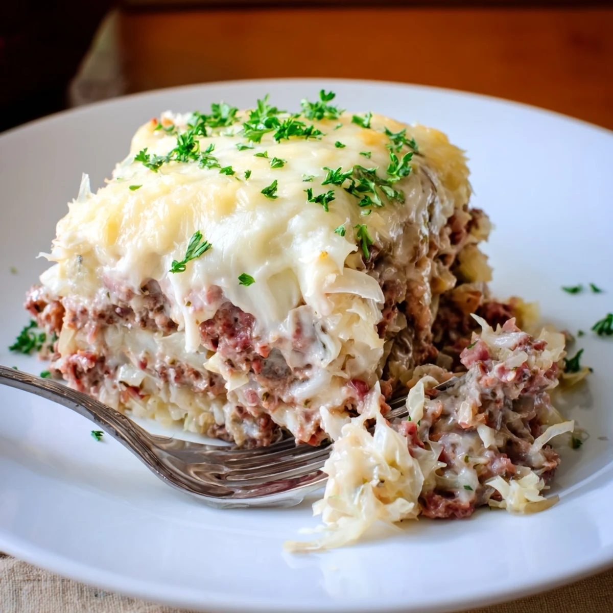 Golden bubbly corned beef cabbage parmesan bake with melted cheese topping on a white ceramic baking dish
